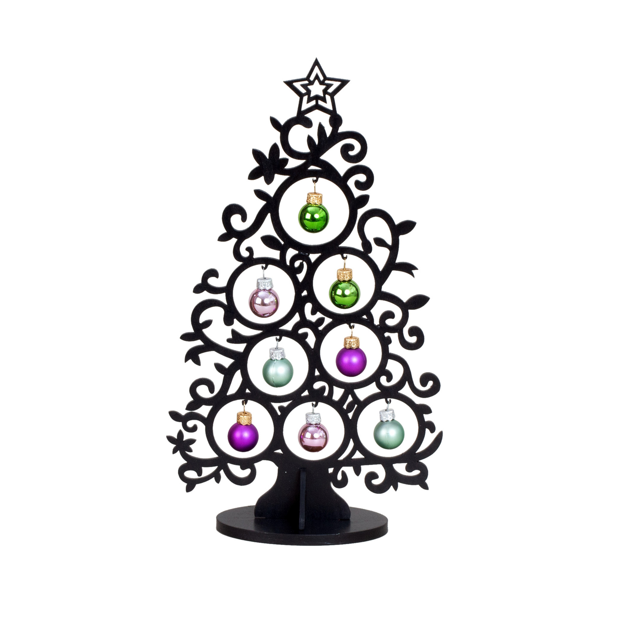 Klein decoratie kerstboompje - zwart - met kerstballen - H30,5 cm - hout -