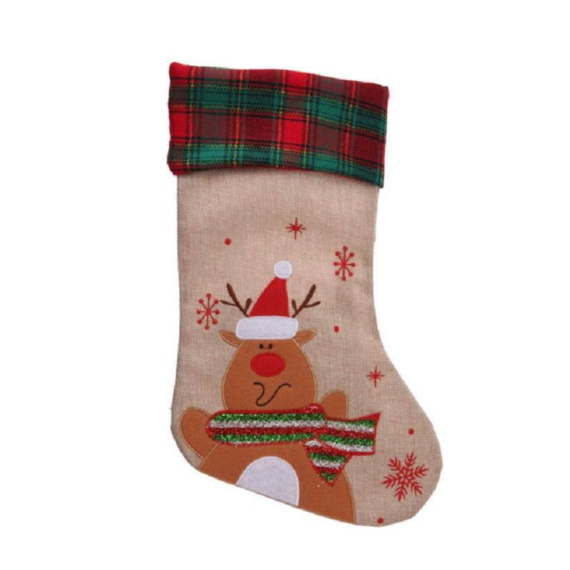 Decoratie kerstsok - met rendier - H42 cm - jute/polyester -