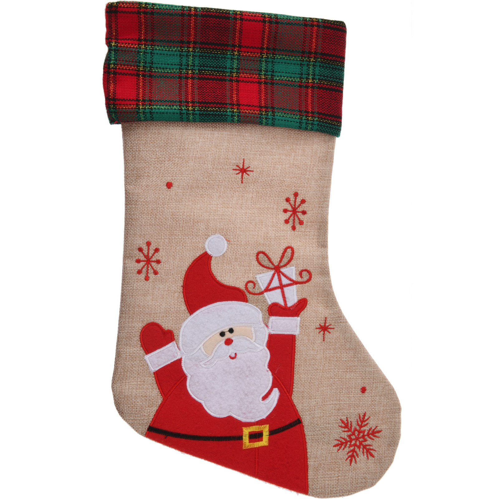 Decoratie kerstsok - met kerstman - H42 cm - jute/polyester -
