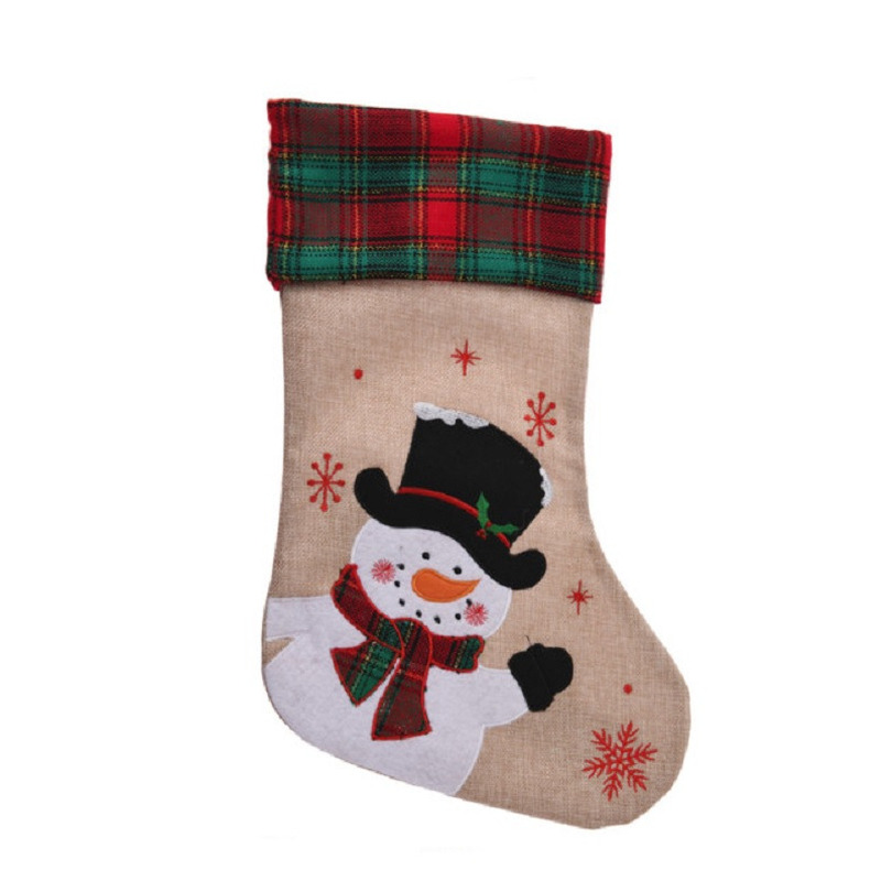 Decoratie kerstsok - met sneeuwpop - H42 cm - jute/polyester -