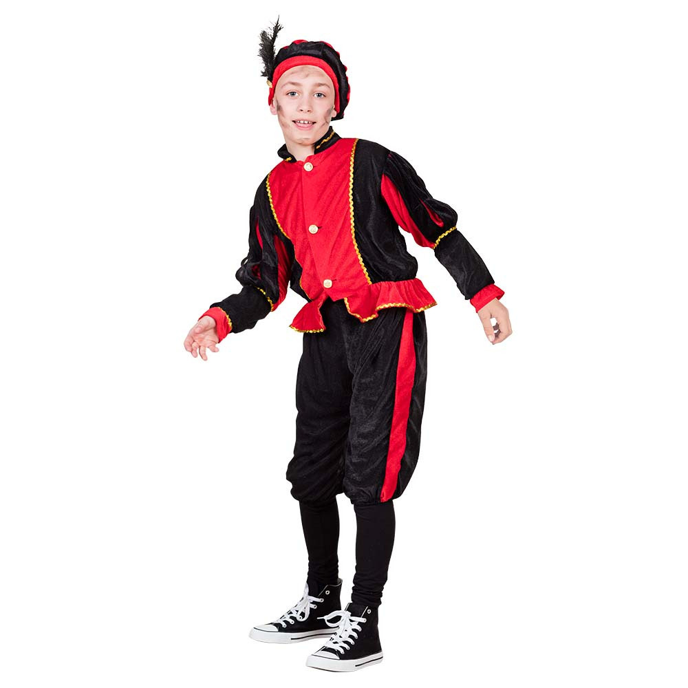 Piet verkleed kostuum 3-delig - rood/zwart - polyester - pietenpak voor kinderen 7-9 jaar -