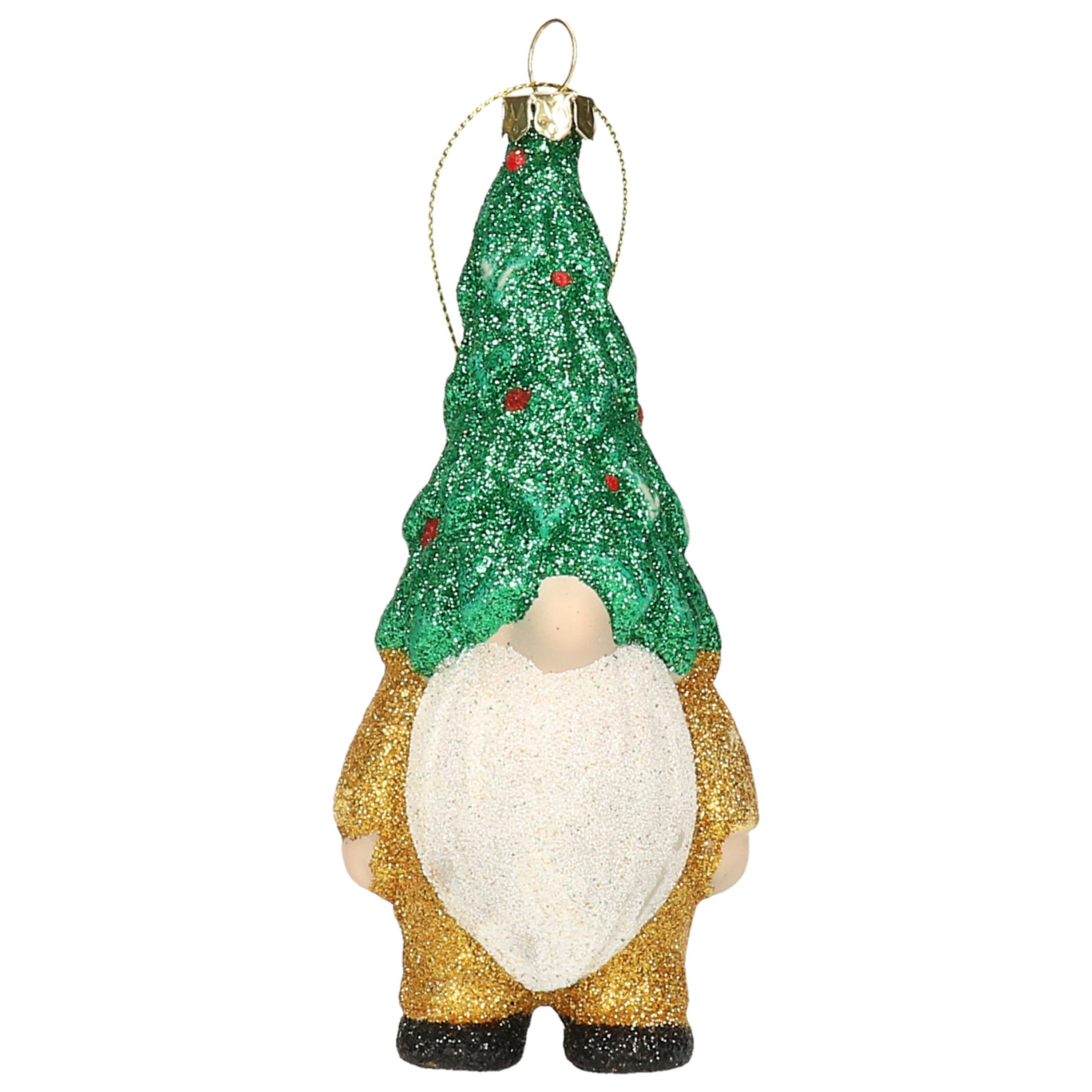 Kersthanger gnome/dwerg/kabouter - kunststof - 12,5 cm - goud/groen -