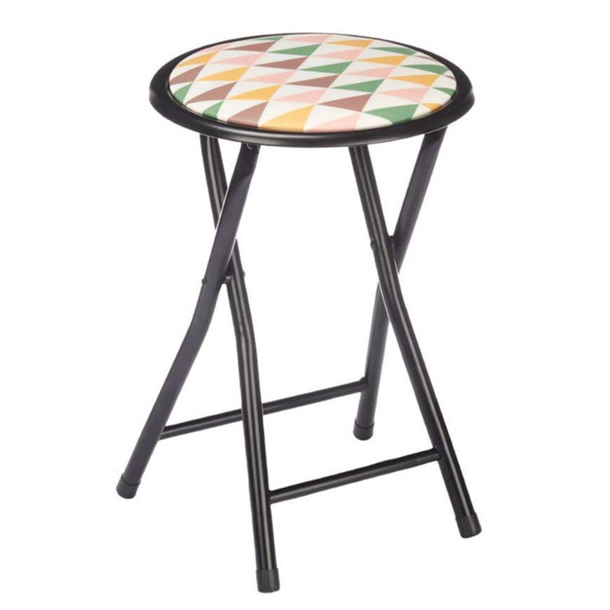 Bijzet krukje/stoel - Opvouwbaar - zwart/deco patroon - D30 x H45 cm -