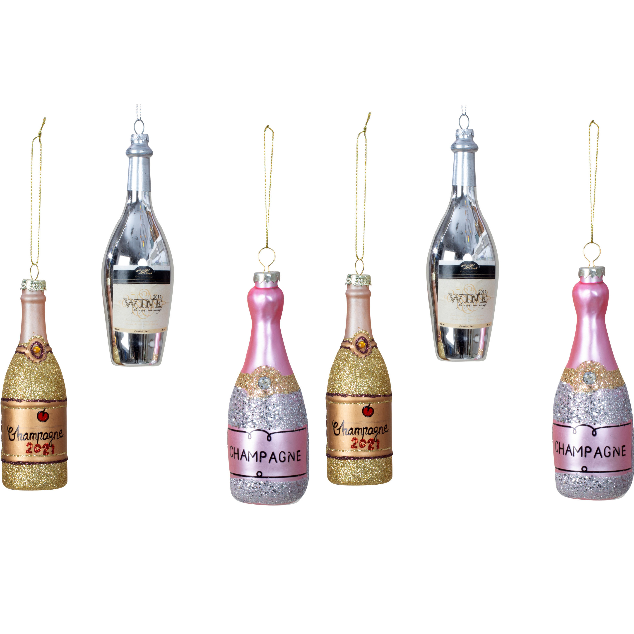 Kersthangers/kerstornamenten - drank - 6x st- glas - champagne en wijn -