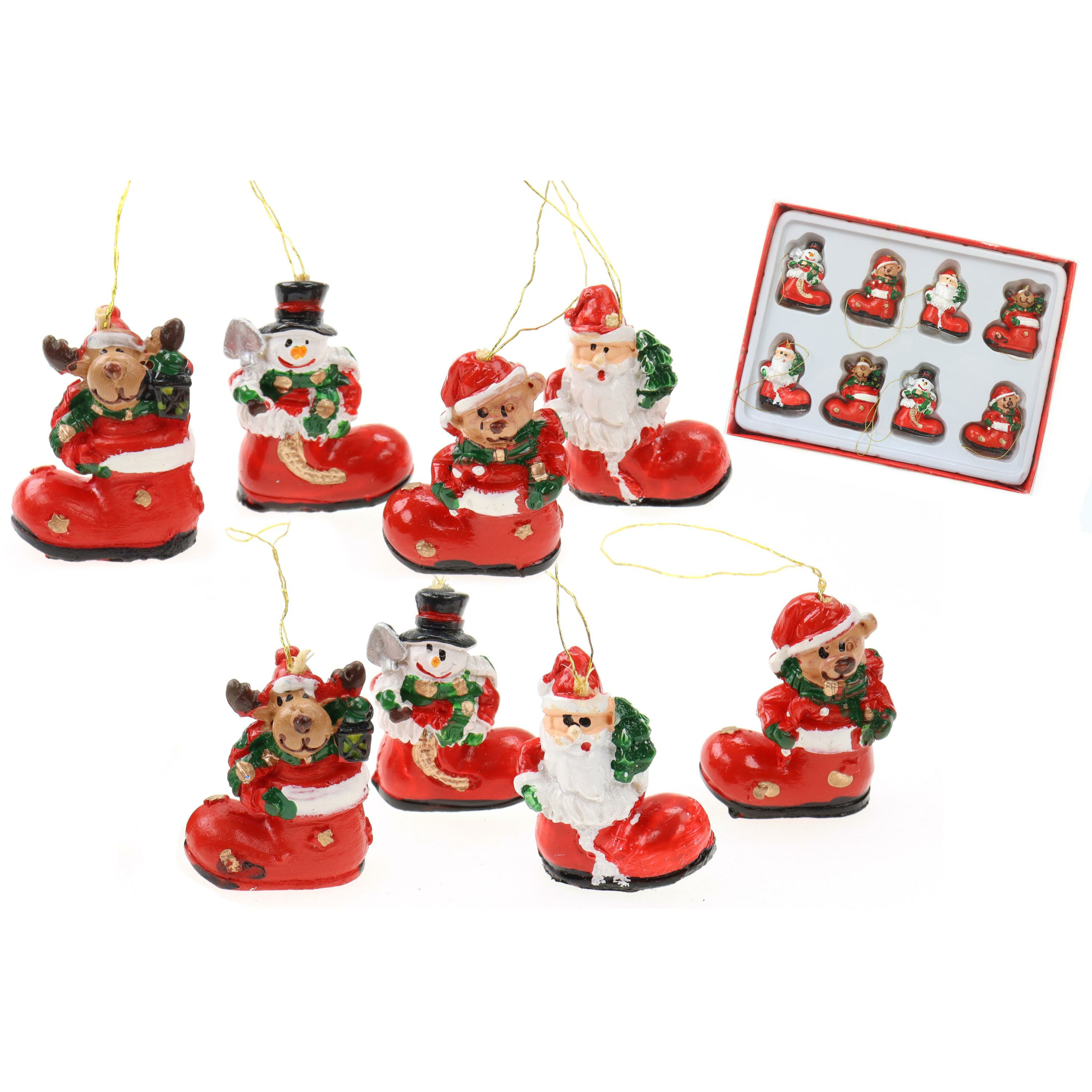 Kersthangers/kerstornamenten -kerst figuren in laars -16x st- kunststof -3,5 cm -