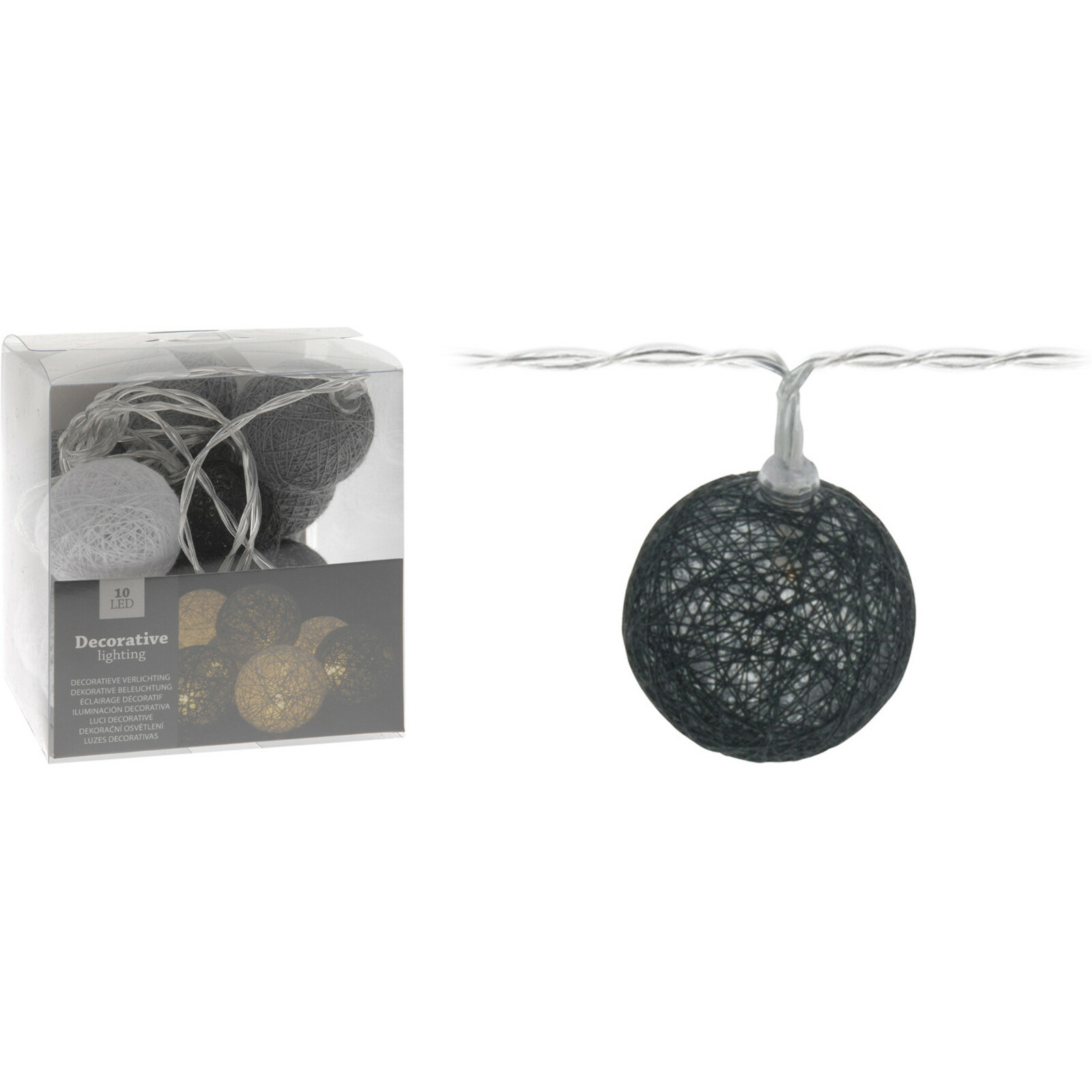 Lichtsnoeren 10 bolletjes D4 cm - 2x - wit/grijs - 165 cm -kunststof-batterij -