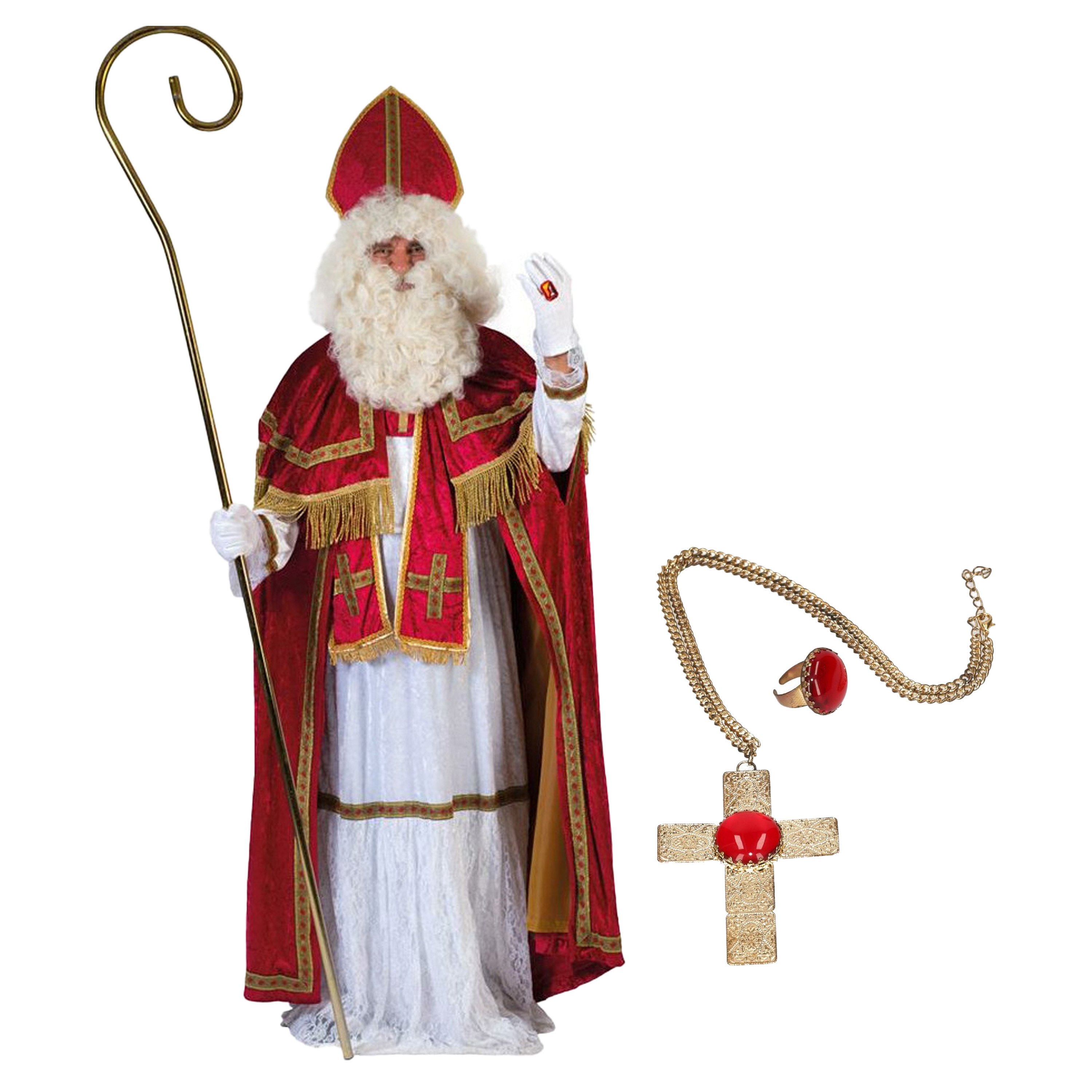 Sinterklaas kostuum - inclusief ring en kruis ketting met rode steen One size -