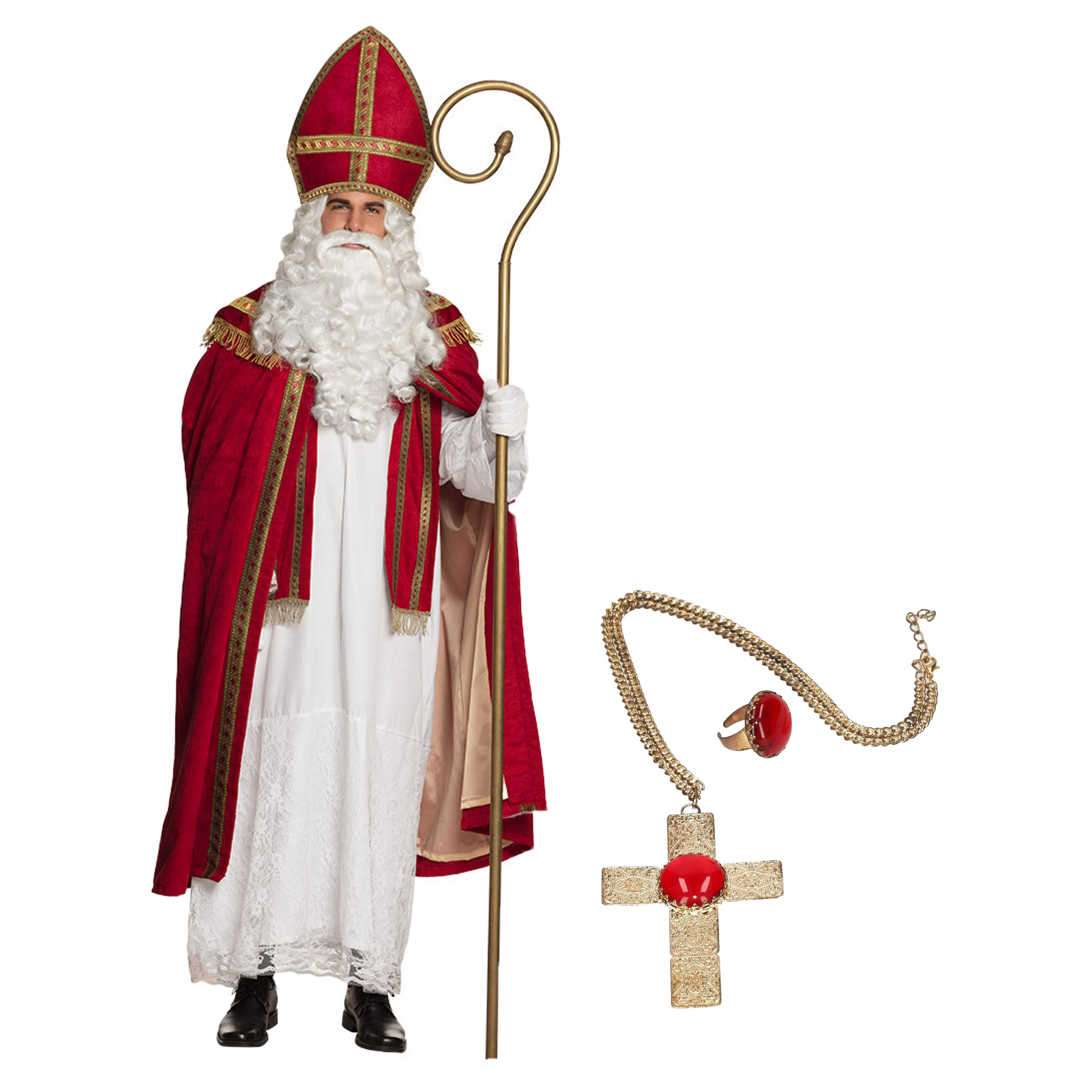 Sinterklaas kostuum - inclusief ring en kruis ketting met rode steen One size -