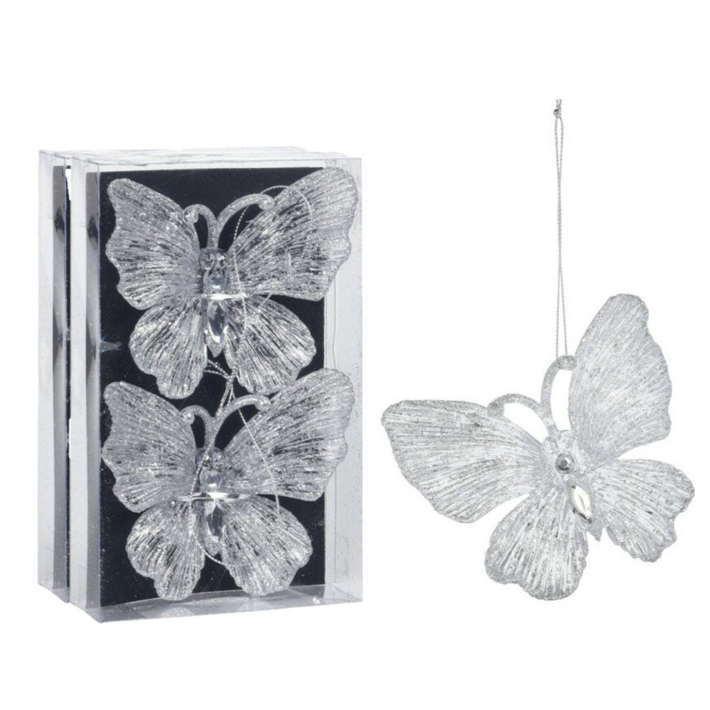 Kersthangers vlinders - 4x st- transparant glitter - 15 cm - kunststof -