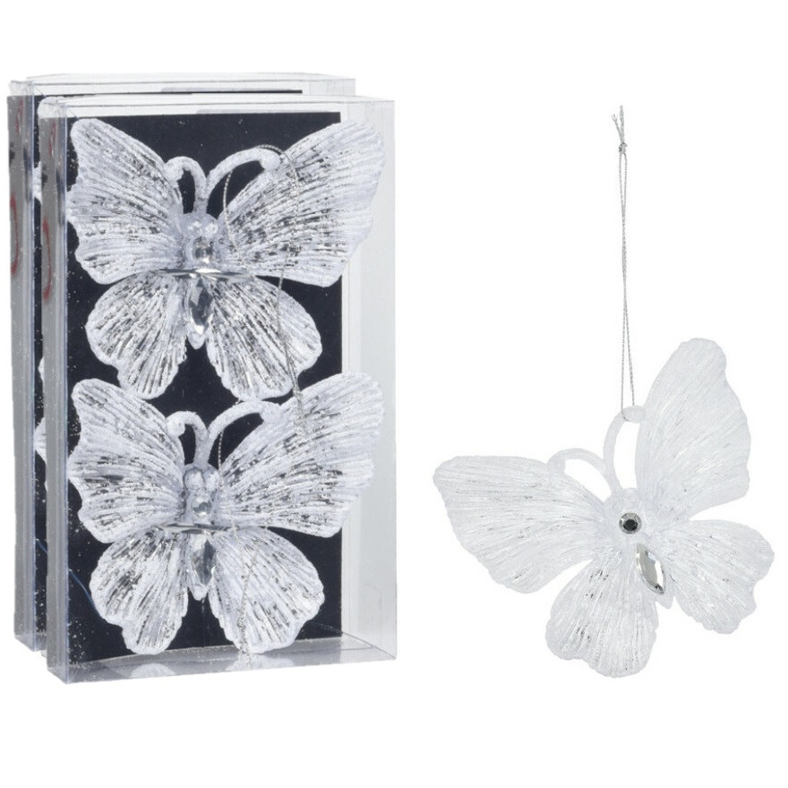 Kersthangers vlinders - 4x -transparant met wit glitter -15cm -kunststof -