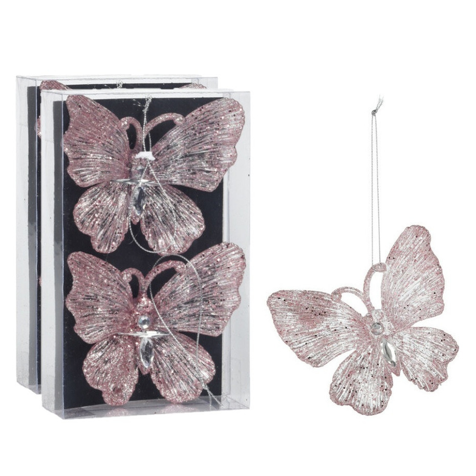 Kersthangers vlinders - 4x -transparant met roze glitter -15cm -kunststof -