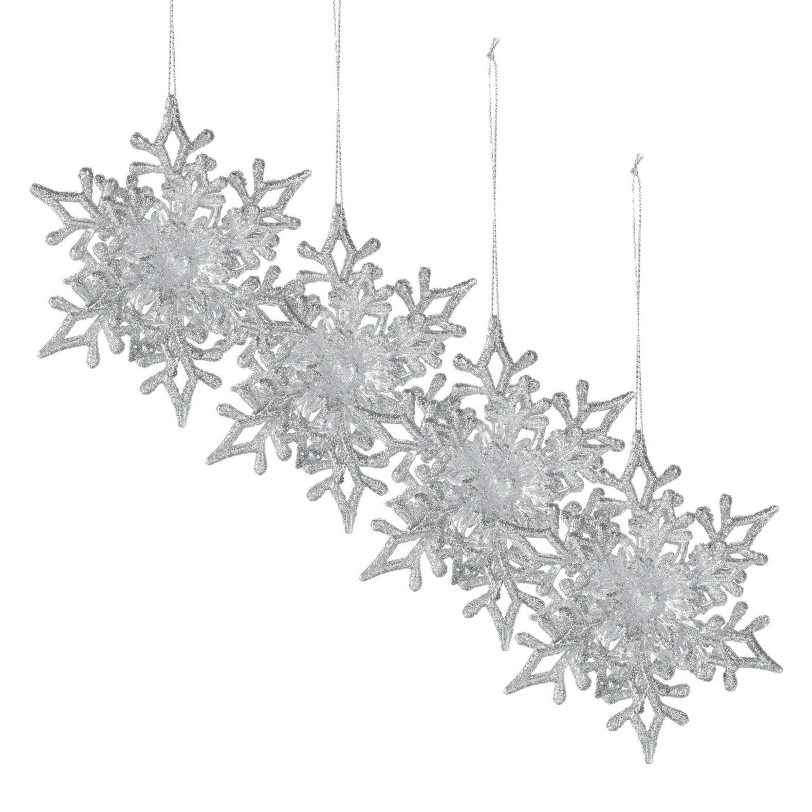 Kersthangers sneeuwvlokken -4x st-zilver - 11,5 cm - kunststof -