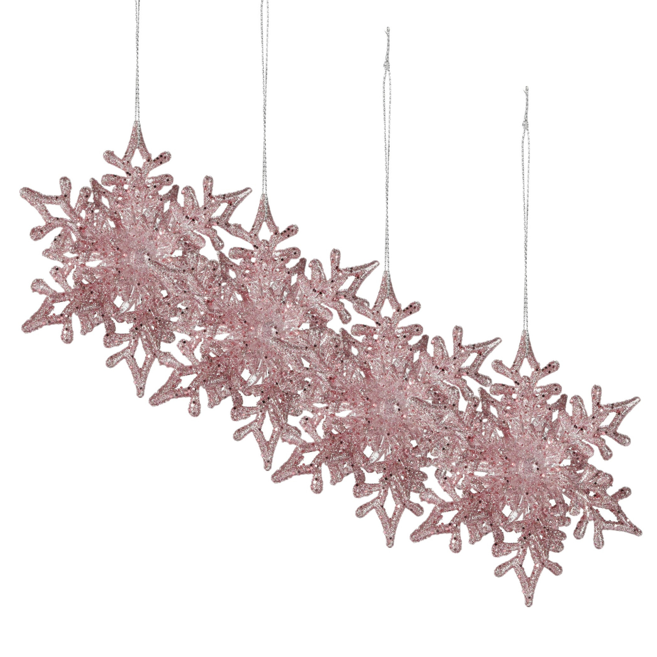 Kersthangers sneeuwvlokken -4x st-roze - 11,5 cm - kunststof -