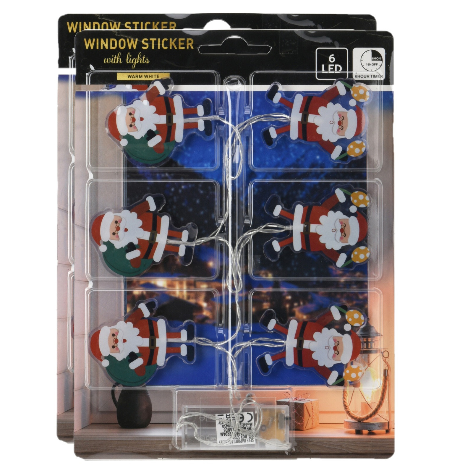 Raamstickers lichtsnoeren kerstmannen - 2x st - LED lampjes - op batterij -