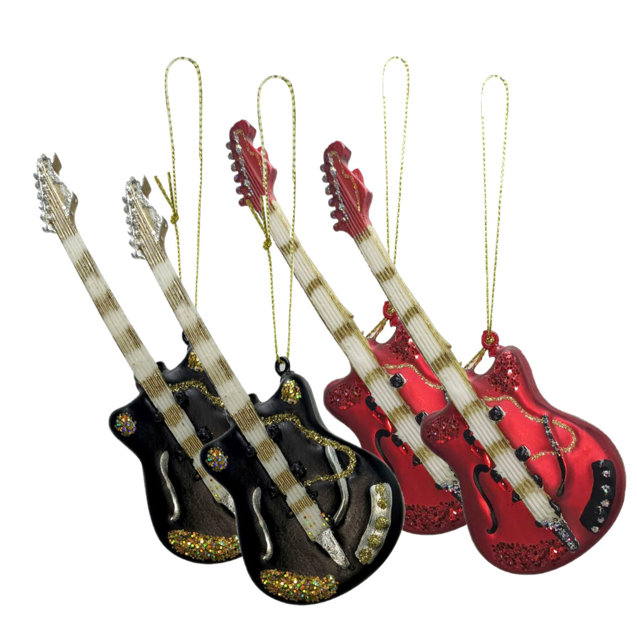 Kersthangers/kerstornamenten - gitaar - zwart en rood - 4x st - glas -