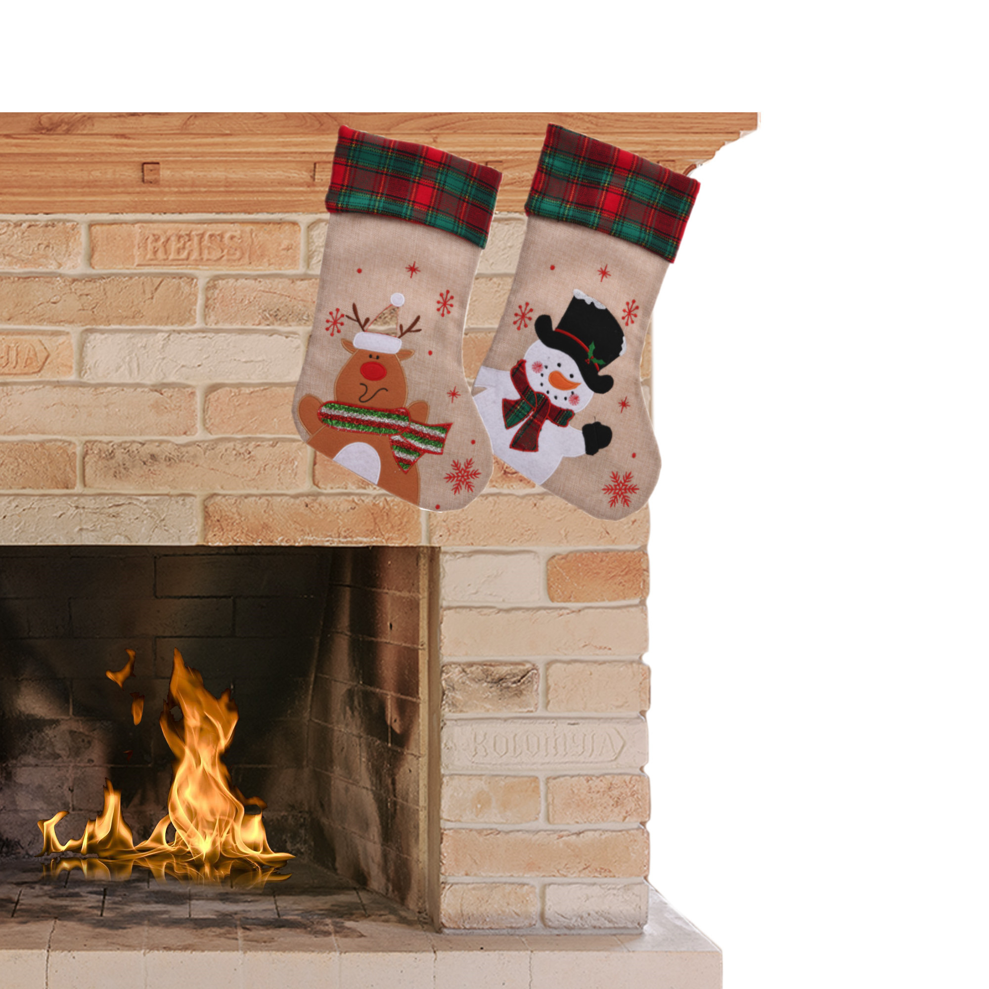 Decoratie kerstsokken - 2x stuks- rendier en sneeuwpop - H42 cm -