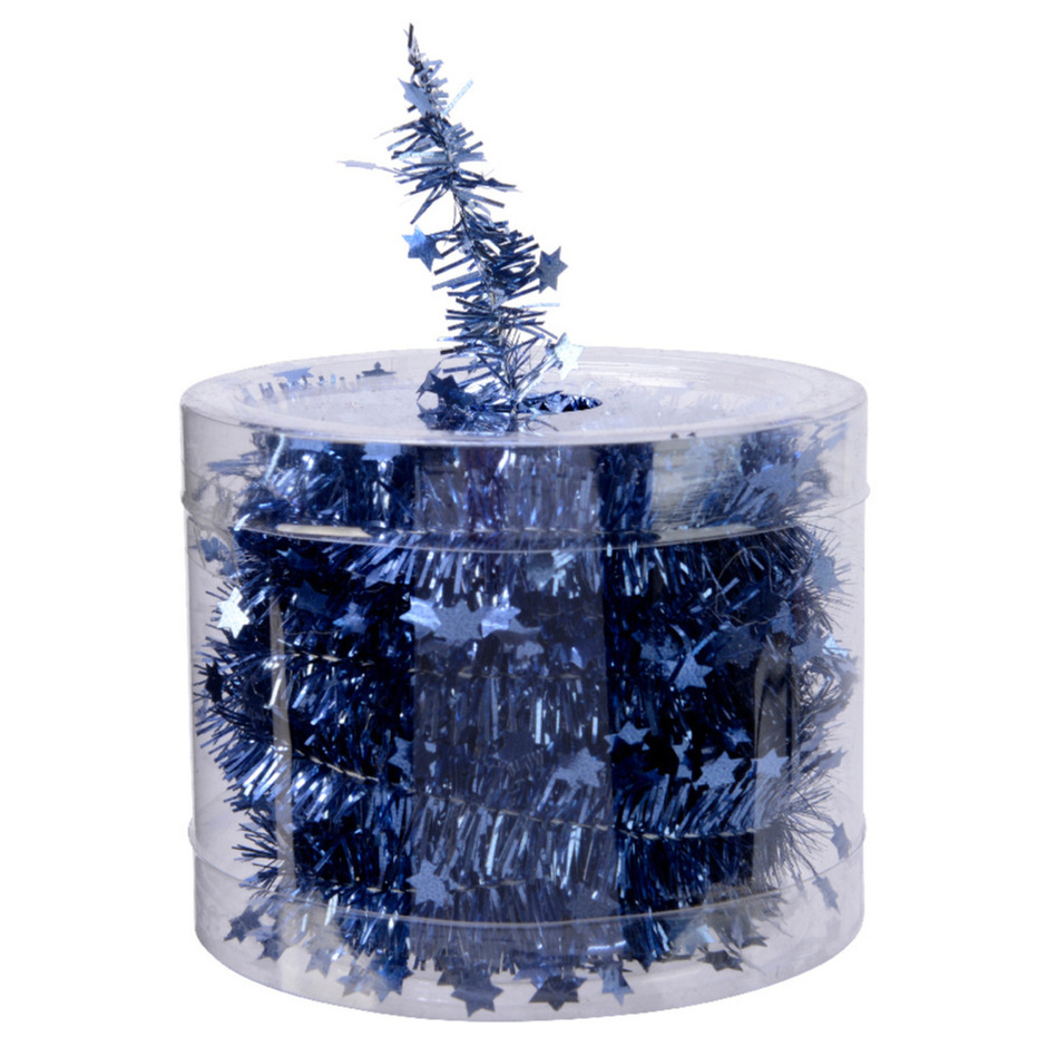 Decoris kerstslinger - met sterren - donkerblauw - lametta - 700 cm -