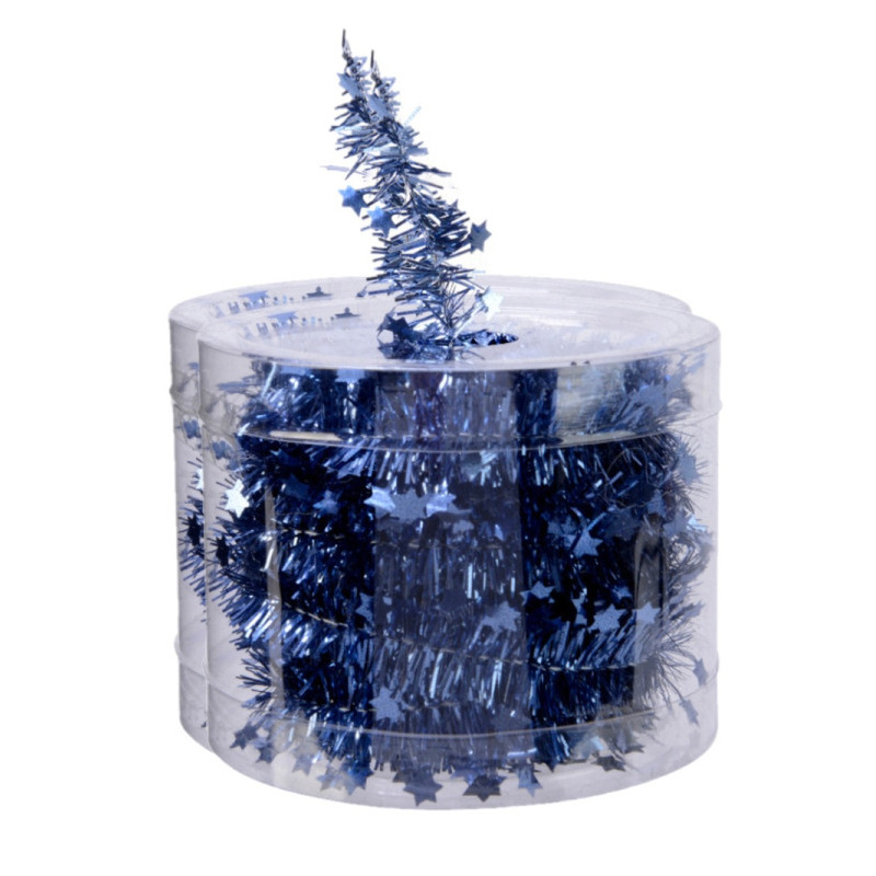 Decoris kerstslinger - 2x st- met sterren - donkerblauw - lametta - 700 cm -