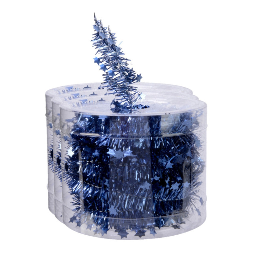 Decoris kerstslinger - 3x st- met sterren - donkerblauw - lametta - 700 cm -