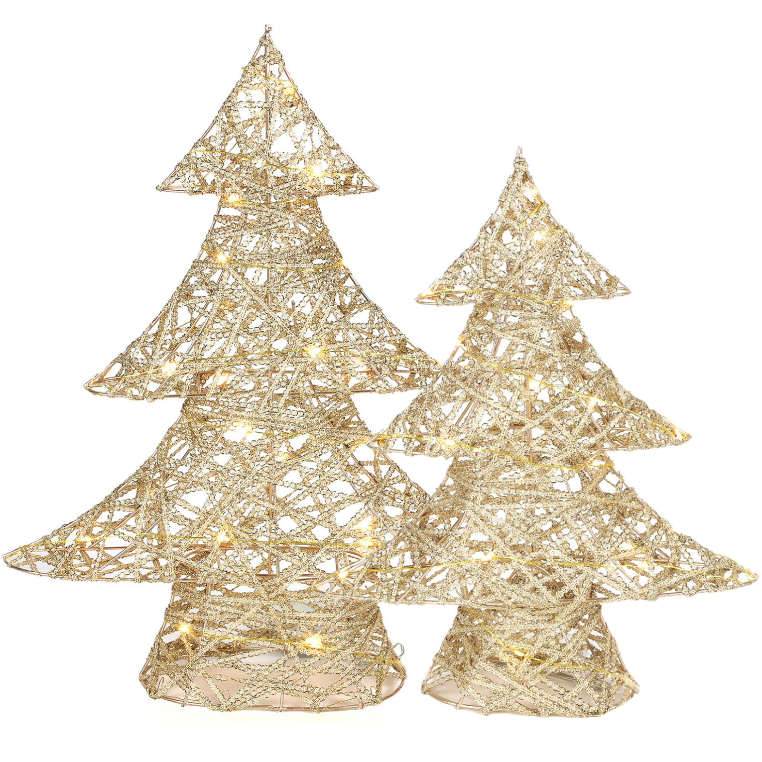 Decoratie kerstboompjes - 2x st - goud - met verlichting - H35 en h48 cm -