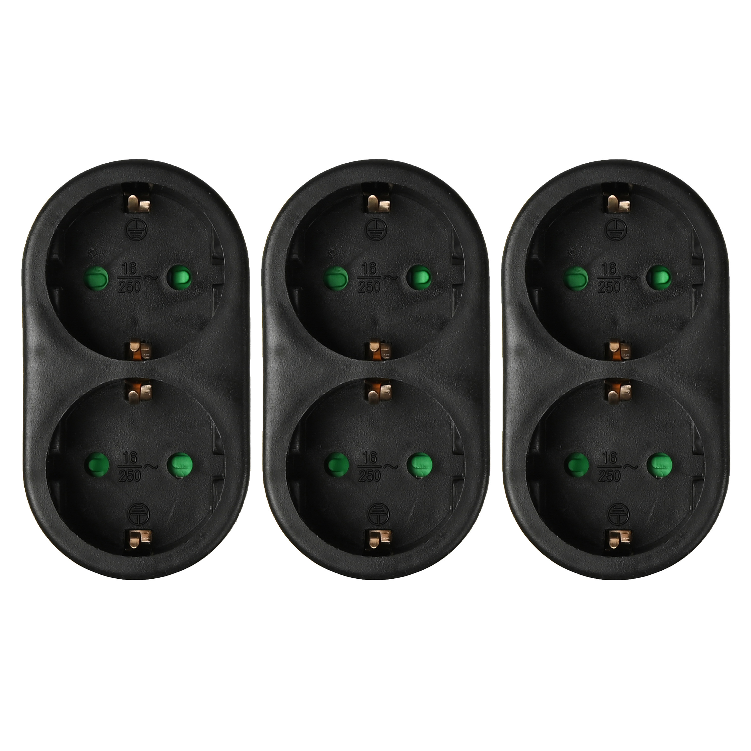 Stopcontact splitter - 3x - duo - zwart - randaarde - verticaal - verdeelstekkers -