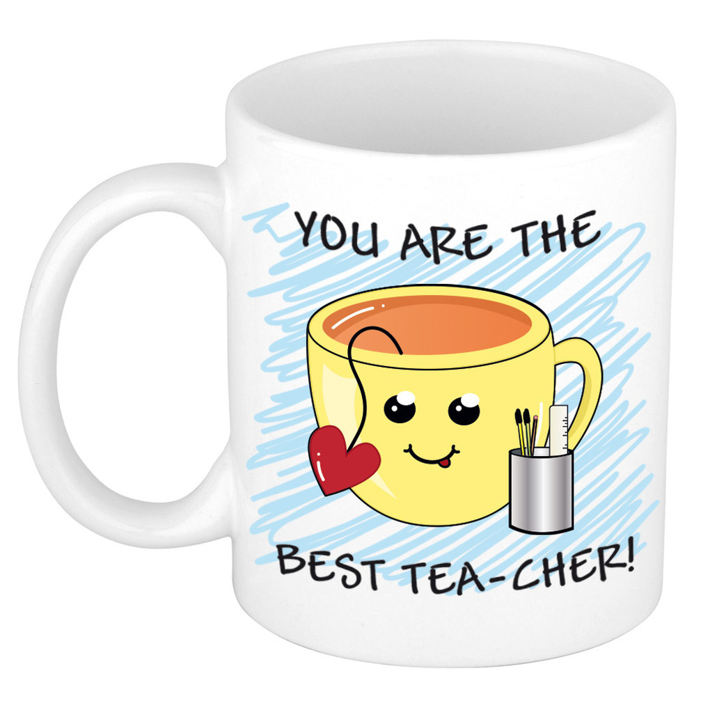 Juf/meester cadeau mok - geel - smiley met hartje - grappig - keramiek - 300 ml -