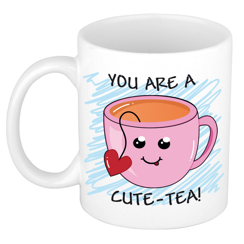 Verjaardags/cadeau mok - roze - smiley cute tea - grappig - keramiek - 300 ml -