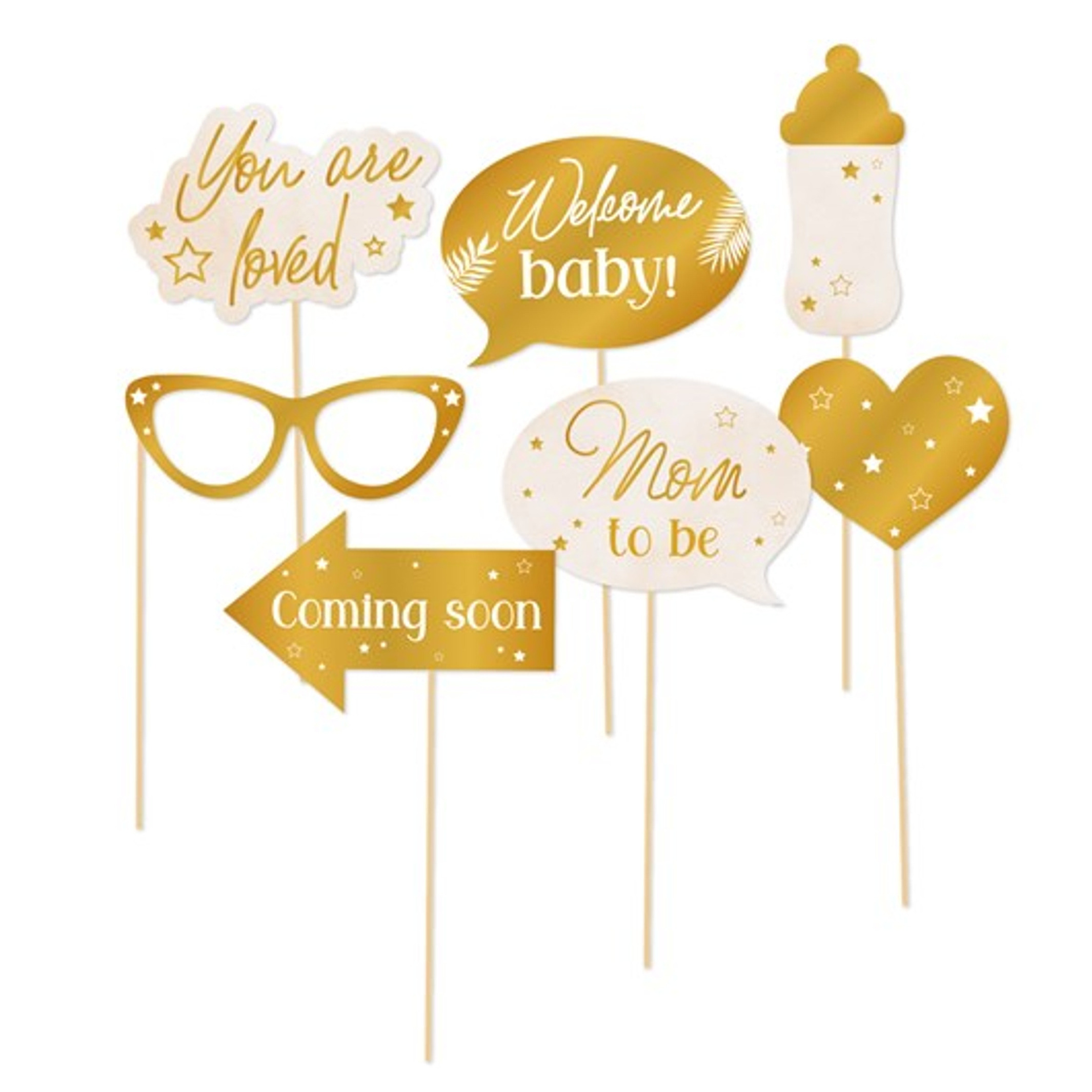 Babyshower foto prop set - 14-delig - goud/wit - kraamfeest/geboorte - photo booth accessoires -
