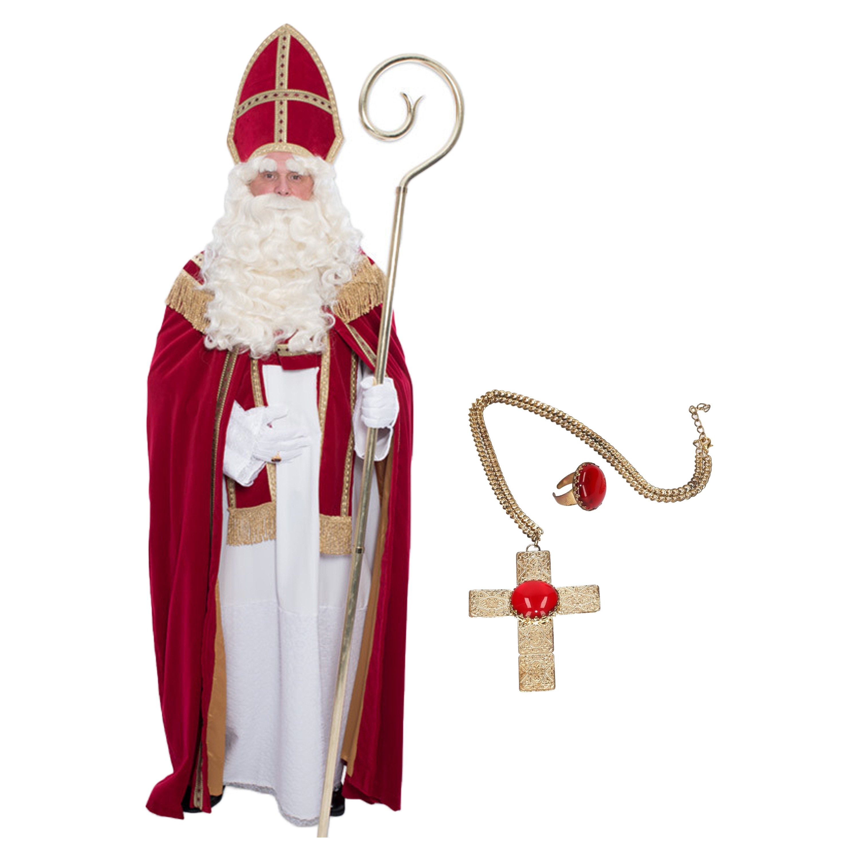 Sinterklaas kostuum - inclusief ring en kruis ketting met rode steen One size -