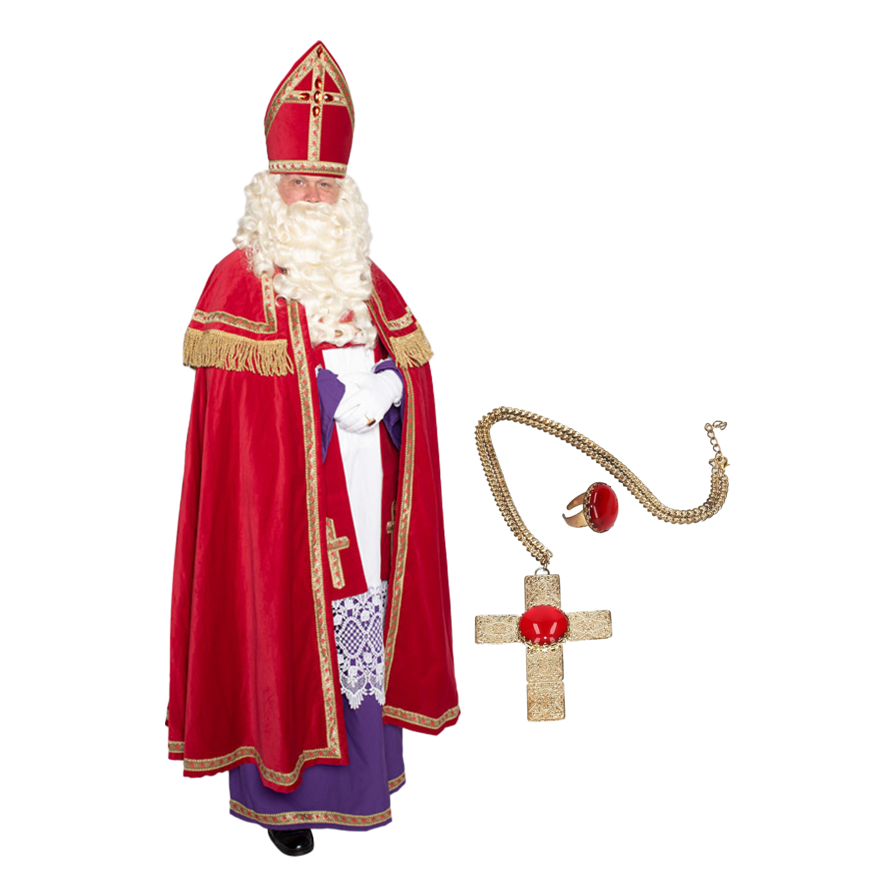 Sinterklaas kostuum - inclusief ring en kruis ketting met rode steen One size -