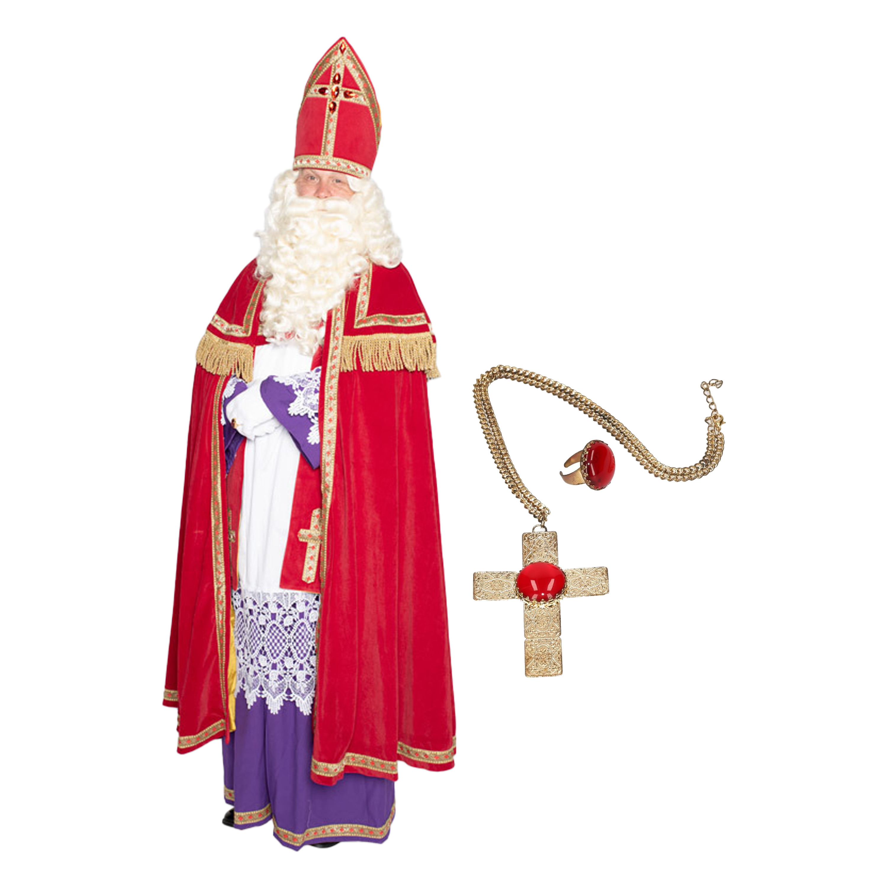 Sinterklaas kostuum - inclusief ring en kruis ketting met rode steen One size -