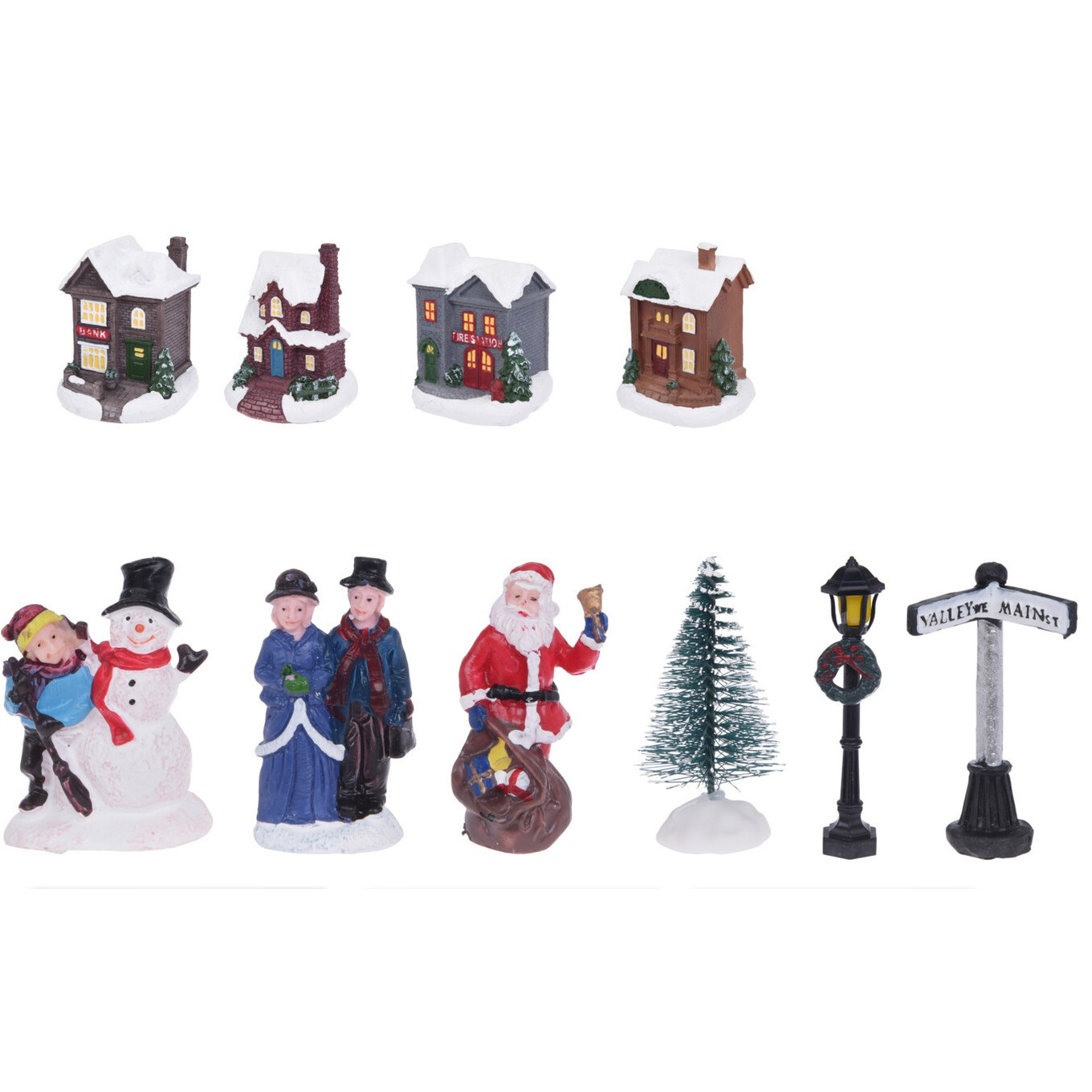 Kerstdorp met accessoires - miniatuur figuurtjes en huisjes - 14-delig -