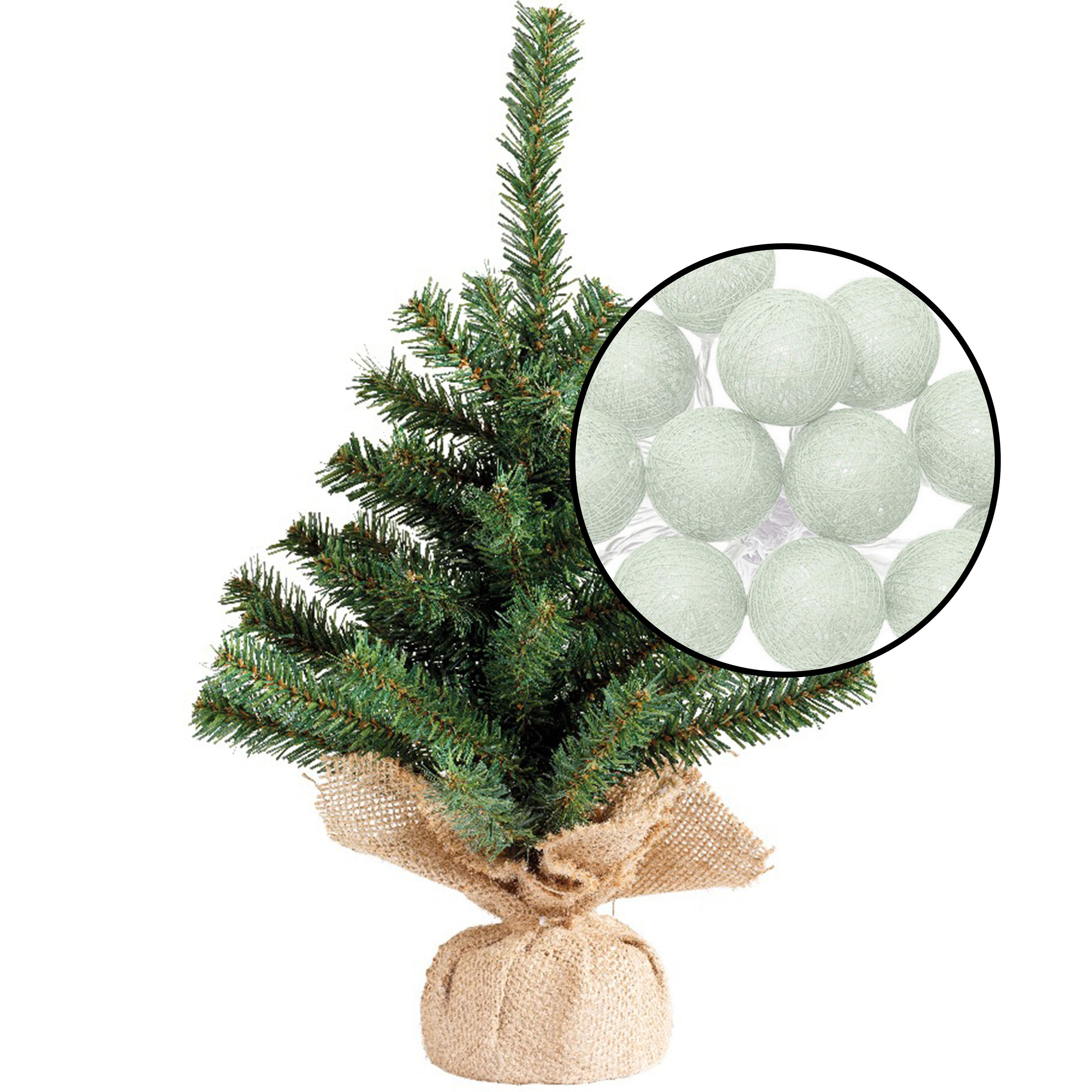 Kleine kunst kerstboom - H45 cm- incl. lichtsnoer met balletjes lichtgroen -