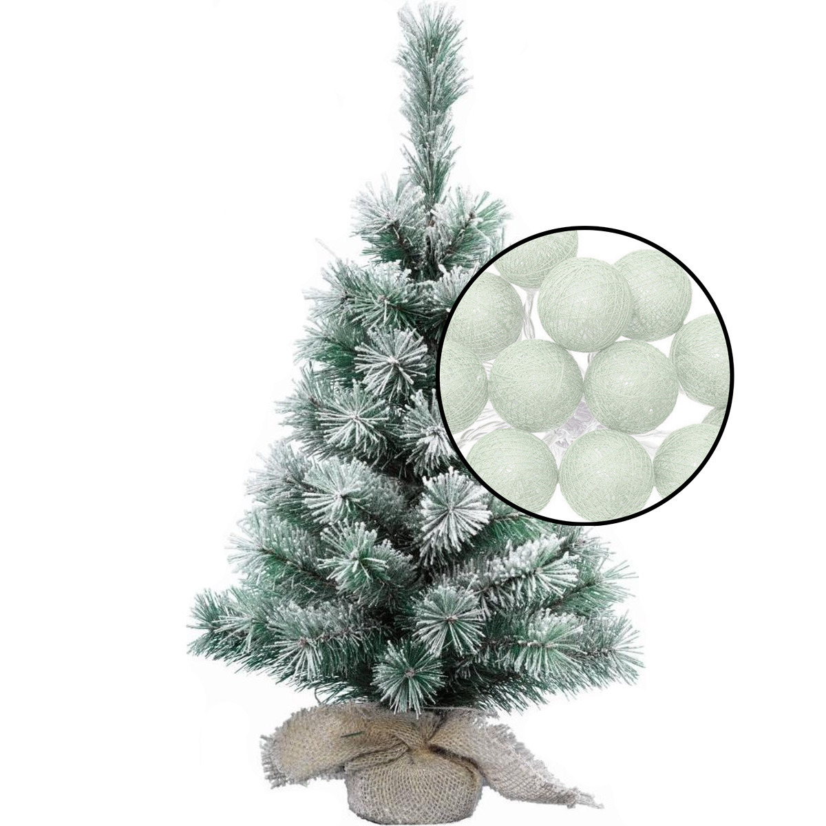 Kleine kunst kerstboom - besneeuwd - incl. lichtsnoer met balletjes lichtgroen- H60 cm -