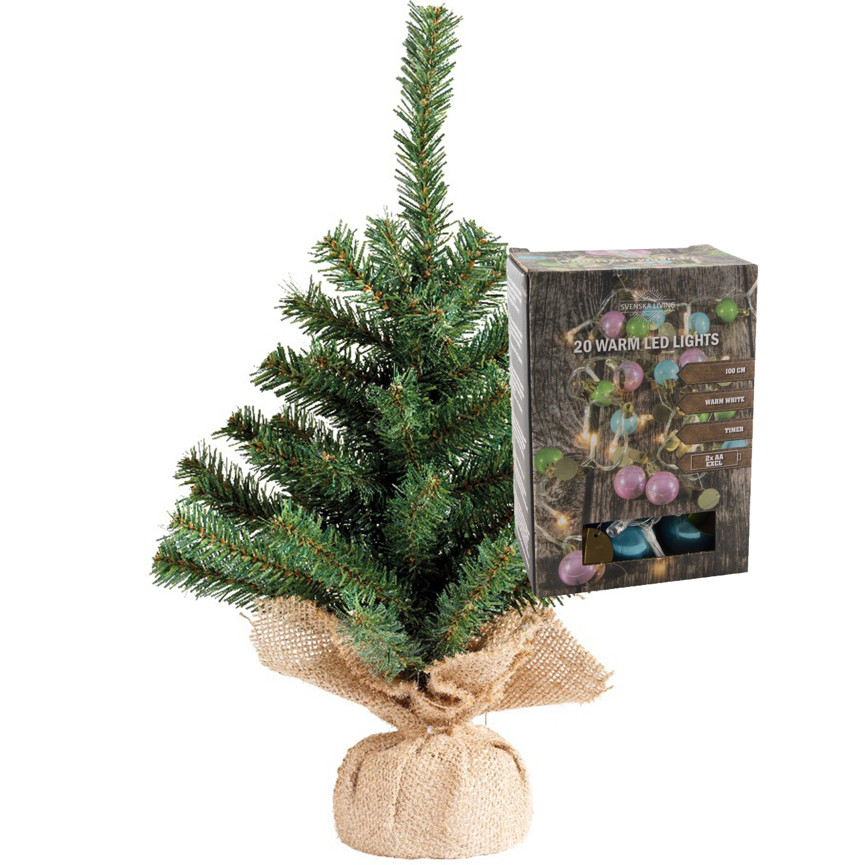 Kleine kunst kerstboom - H45 cm- incl. gekleurde kerstballen lichtsnoer -