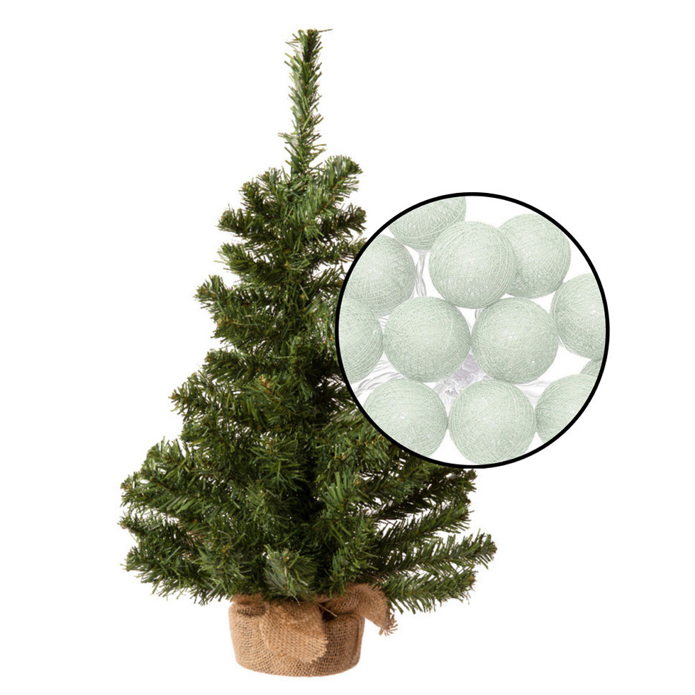 Kleine kunst kerstboom - H60 cm- incl. lichtsnoer met balletjes lichtgroen -