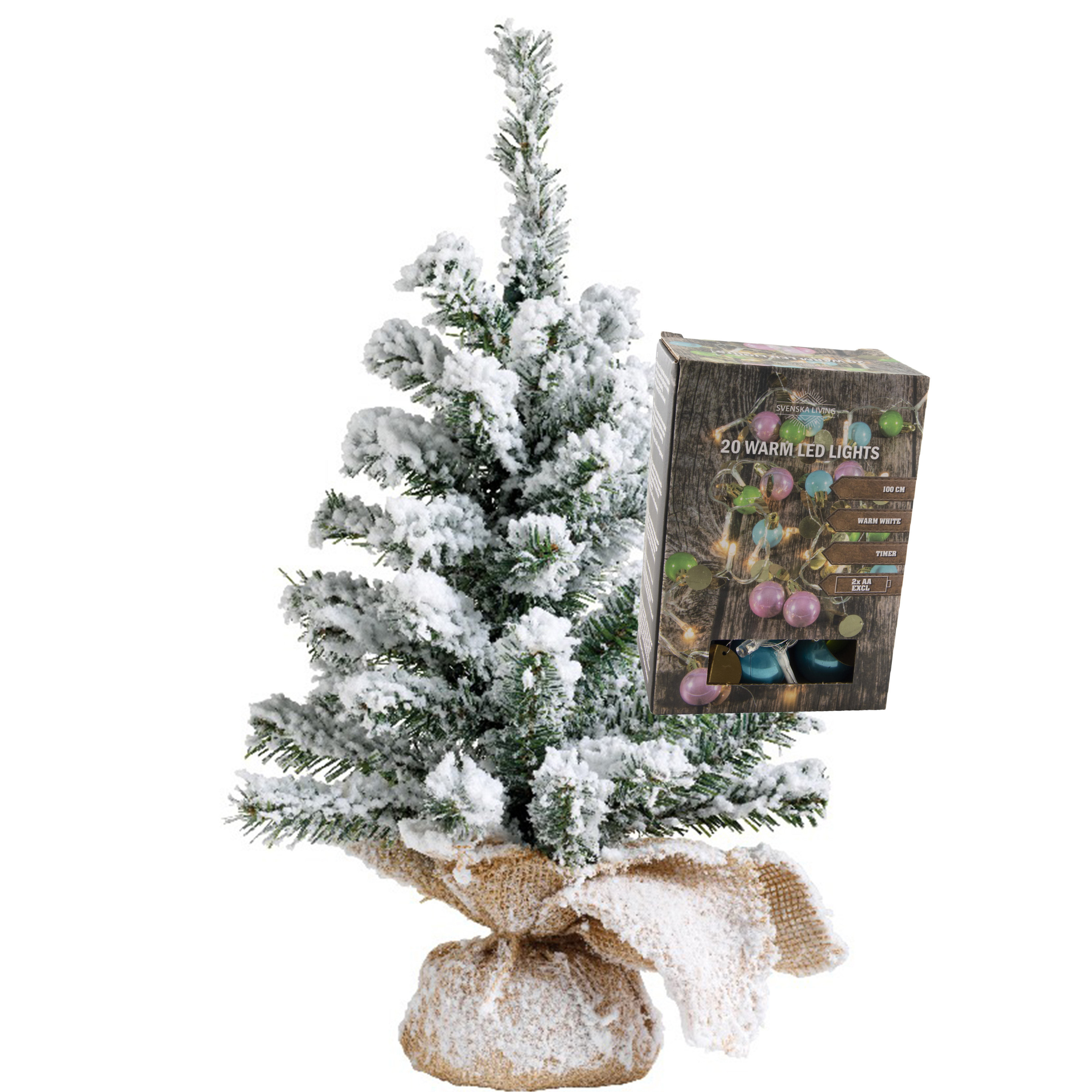 Kleine kunst kerstboom - besneeuwd - incl. gekleurde kerstballen lichtsnoer - H45 cm -