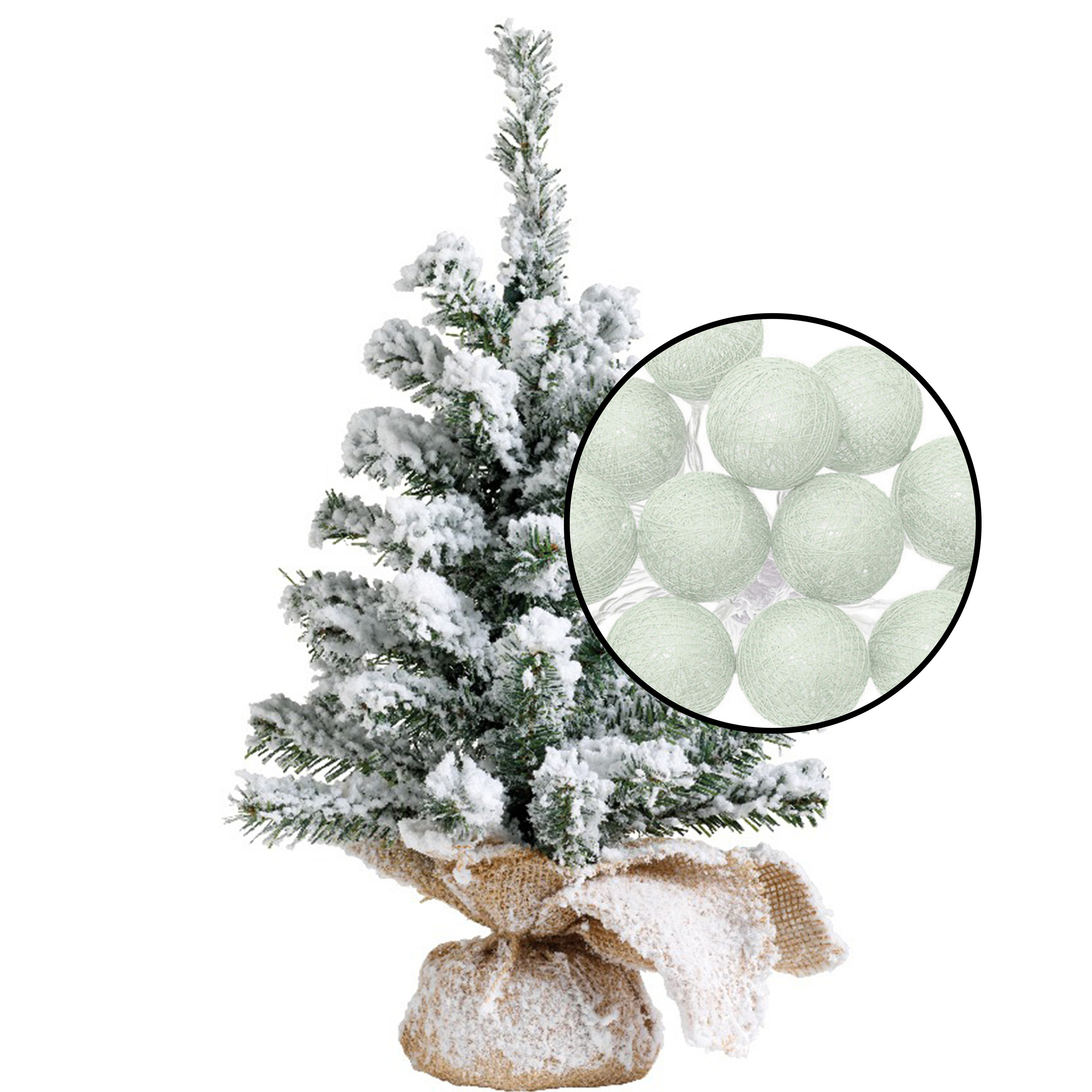 Kleine kunst kerstboom - besneeuwd - incl. lichtsnoer met balletjes lichtgroen- H45 cm -