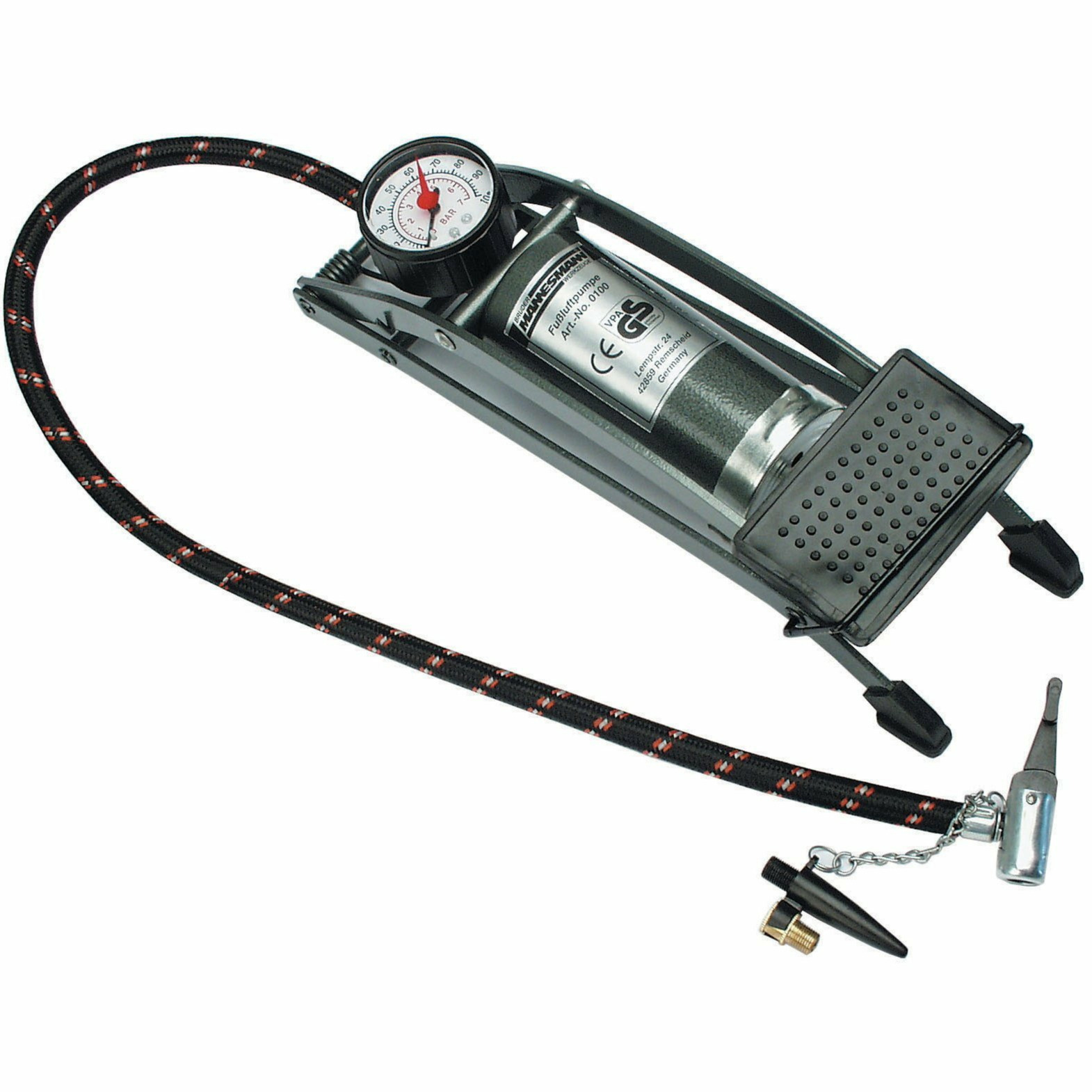 Voetpomp - grijs - 2 bar - 1 cilinder - manometer - inclusief 3 opzetstukken -