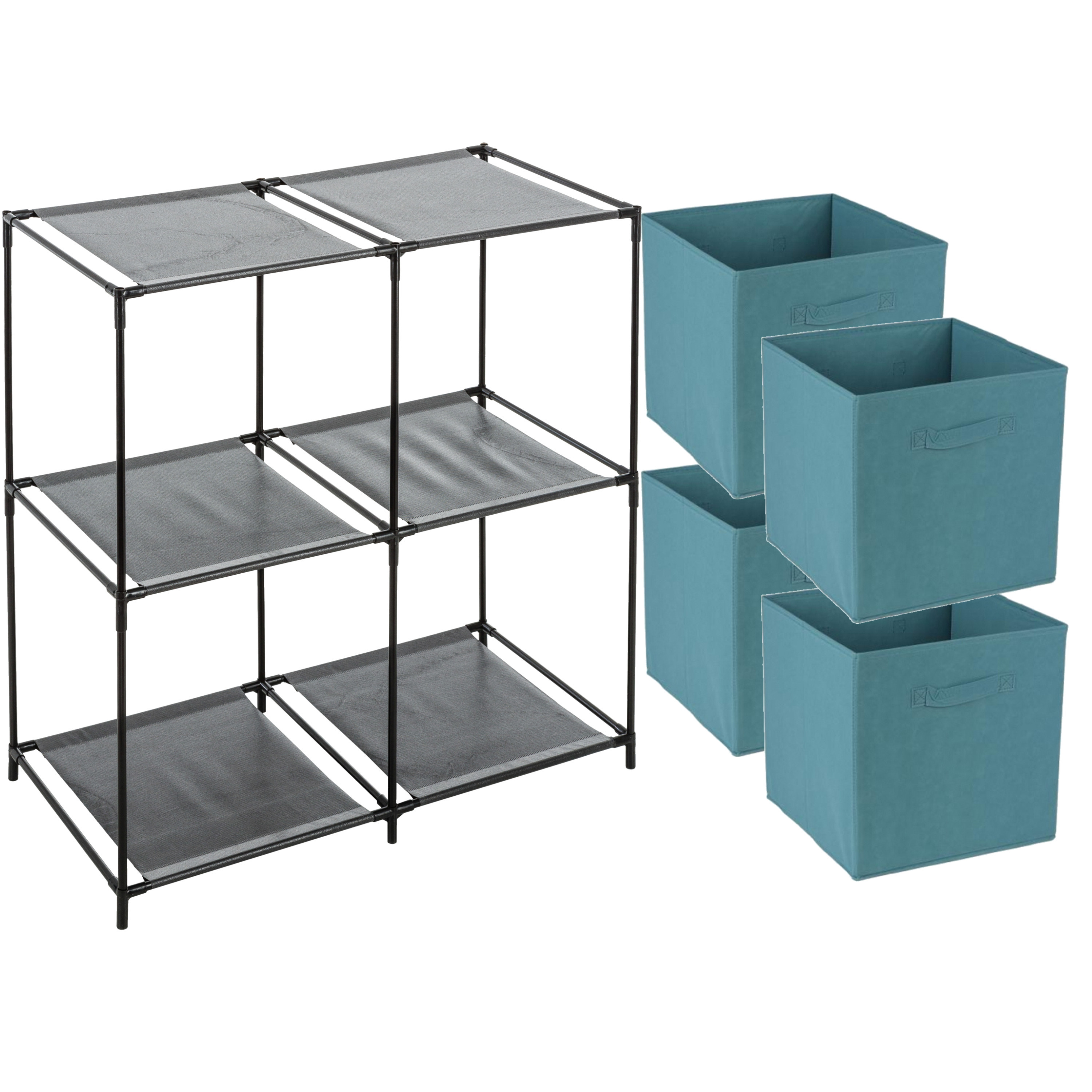 Opbergrek 2-laags - metaal - kunststof - zwart - 67 x 68 cm - incl. 4 opbergmanden petrol blauw -