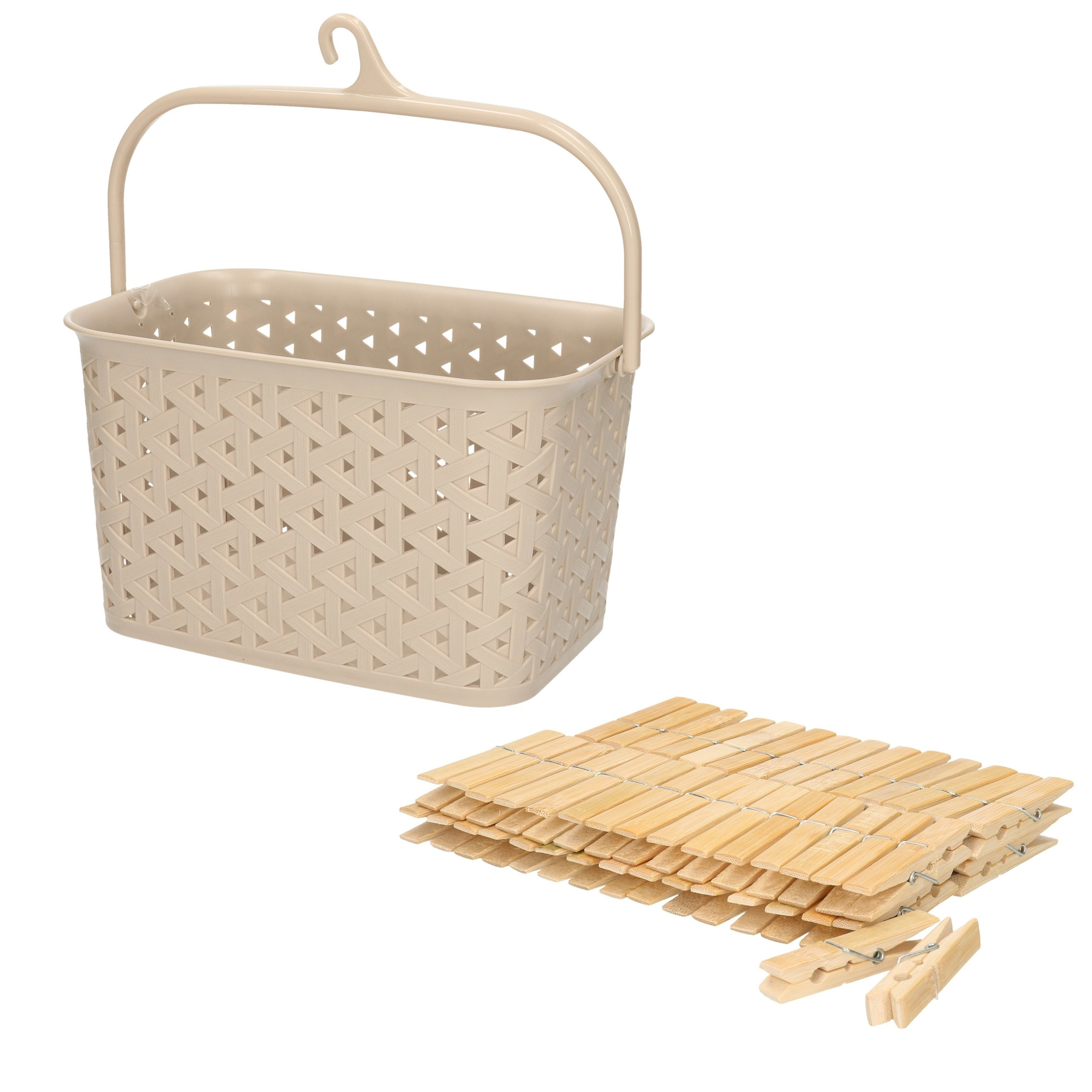 Wasknijpers ophangmandje met haak - beige - en 60x houten wasknijpers van 7 cm -
