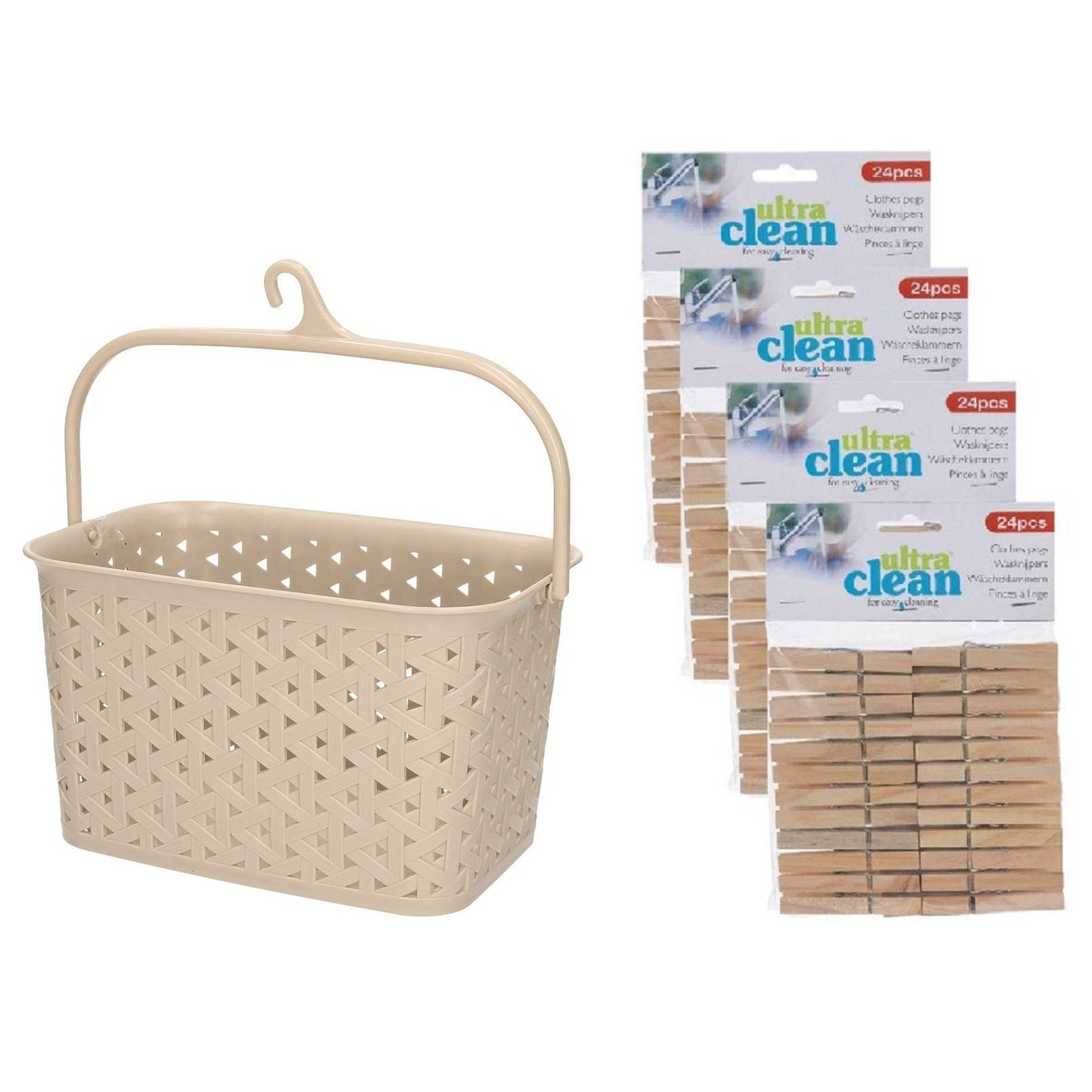 Wasknijpers ophangmandje met haak - beige - en 96x houten wasknijpers van 7 cm -