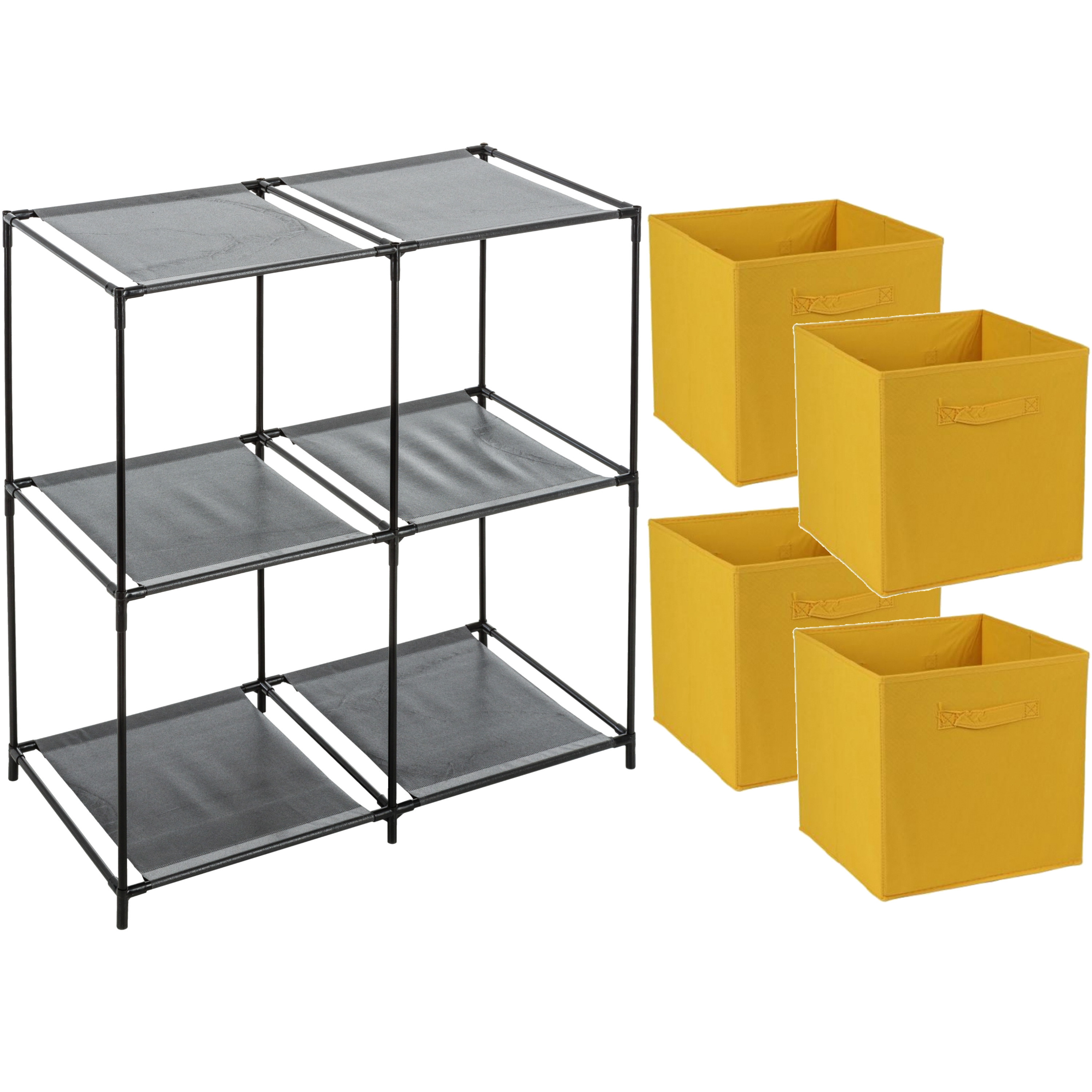 Opbergrek 2-laags - metaal - kunststof - zwart - 67 x 68 cm - incl. 4 opbergmanden oker geel -