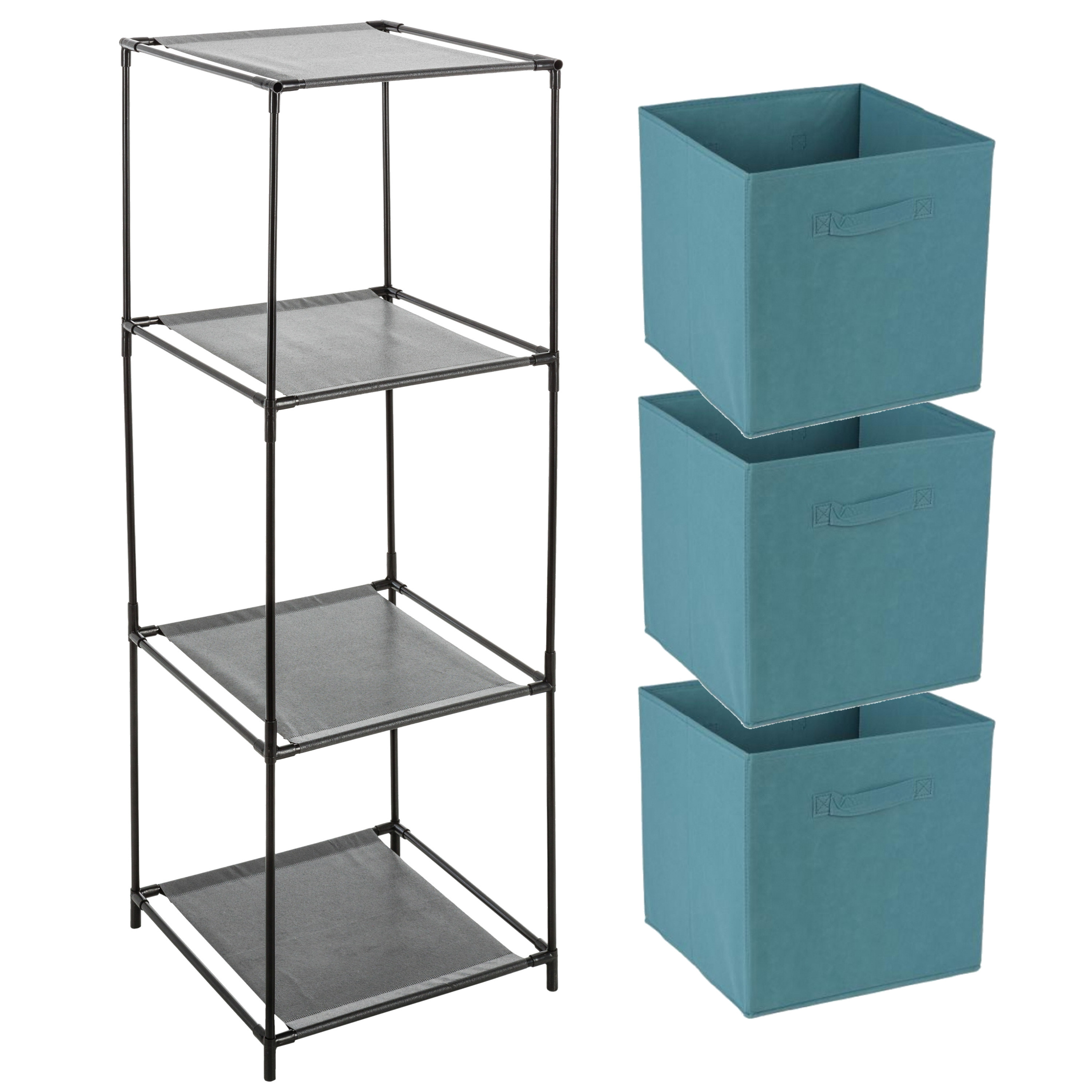 Opbergrek 3-laags - metaal - kunststof - zwart - 34 x 98 cm - incl. 3 opbergmanden petrol blauw -