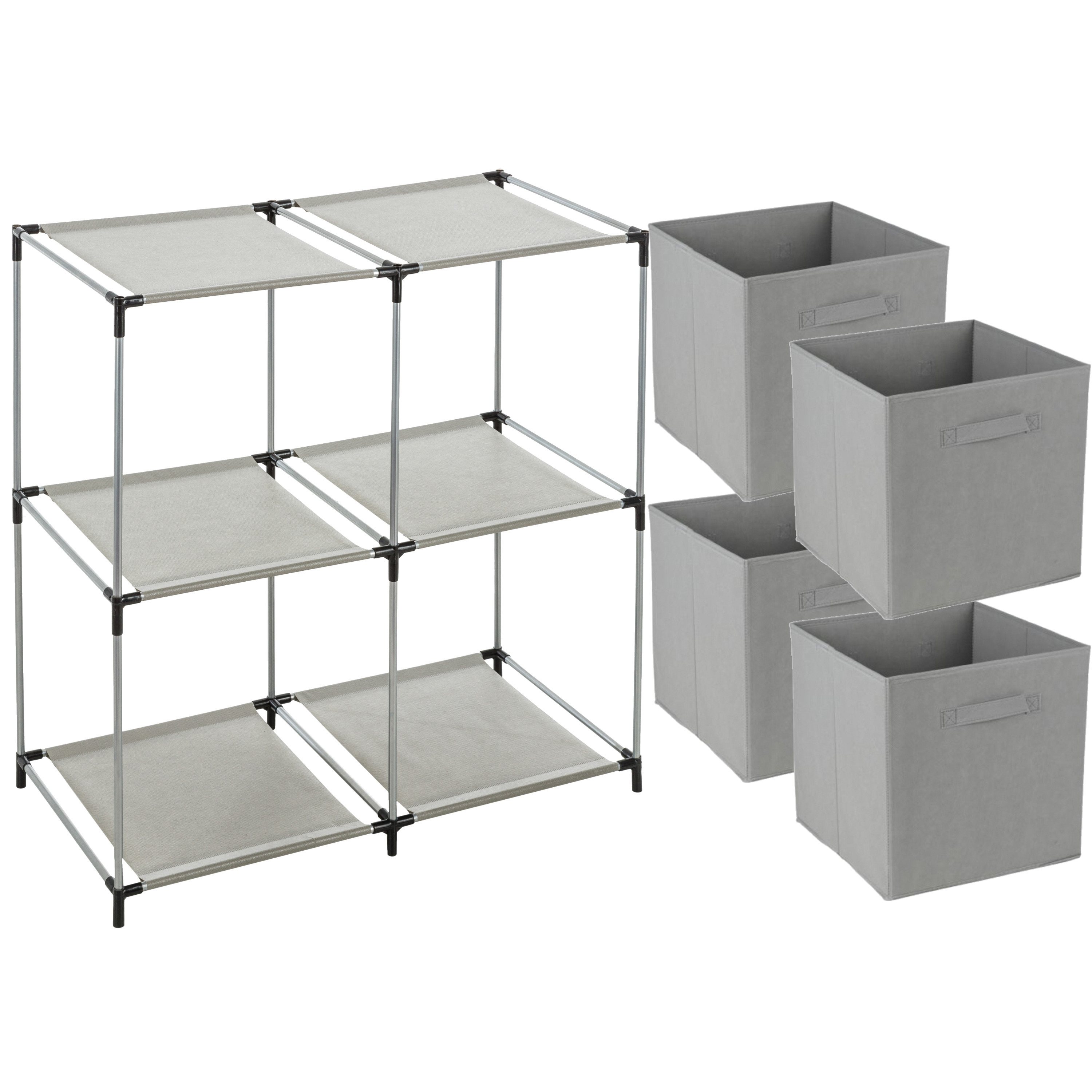 Opbergrek 2-laags - metaal - kunststof - grijs - 67 x 68 cm - incl. 4 opbergmanden grijs -