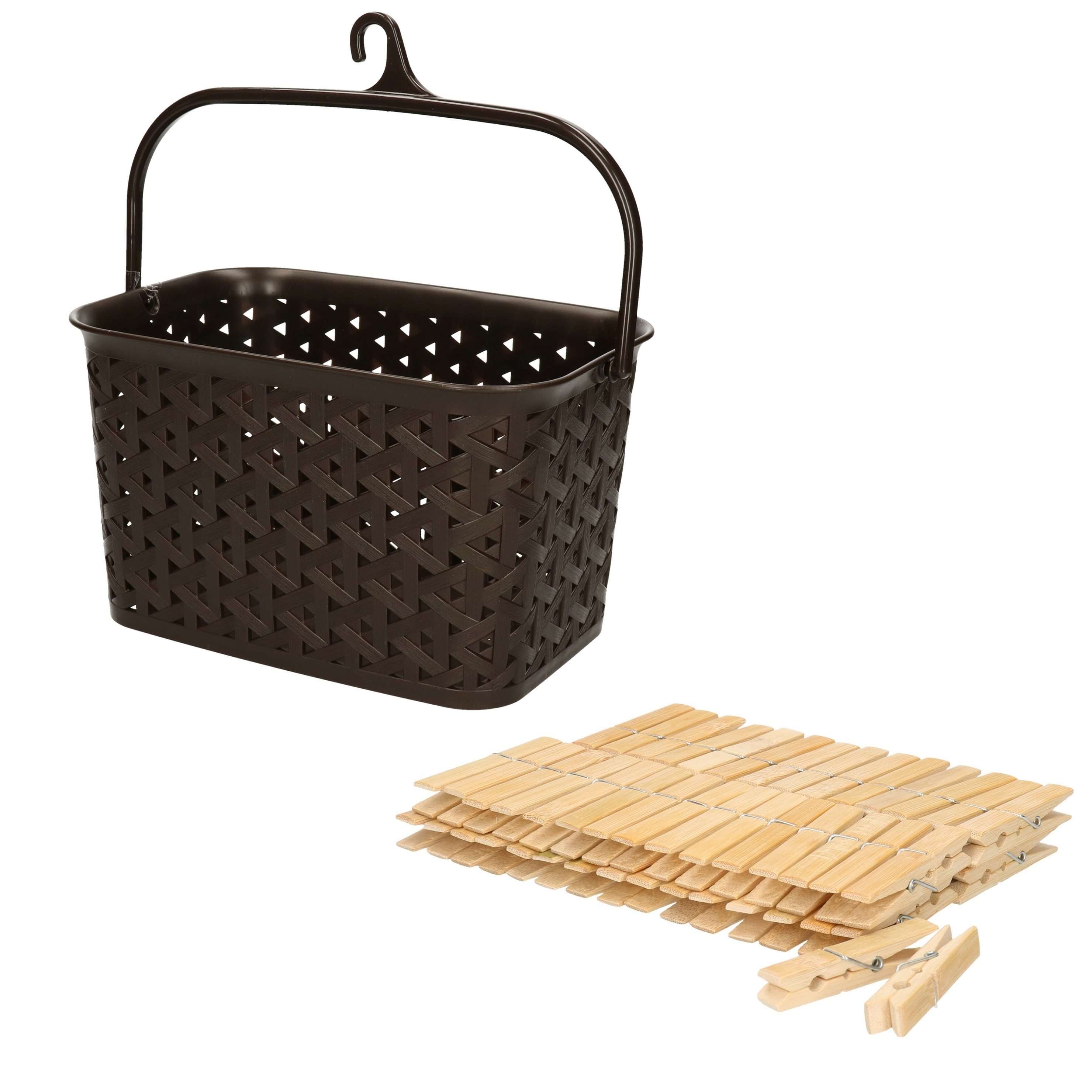 Wasknijpers ophangmandje met haak - bruin - en 60x houten wasknijpers van 7 cm -