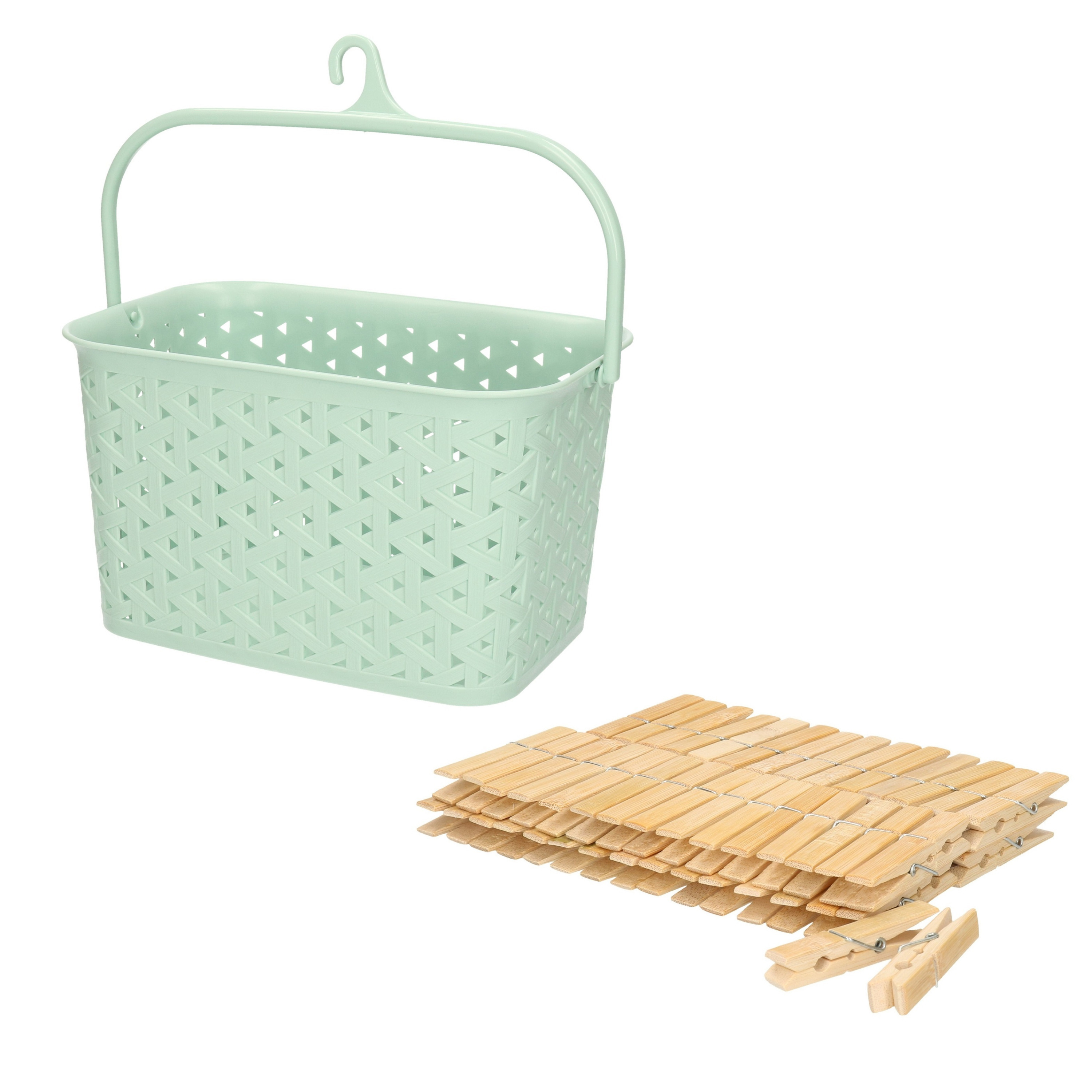Wasknijpers ophangmandje met haak - mintgroen - en 60x houten wasknijpers van 7 cm -