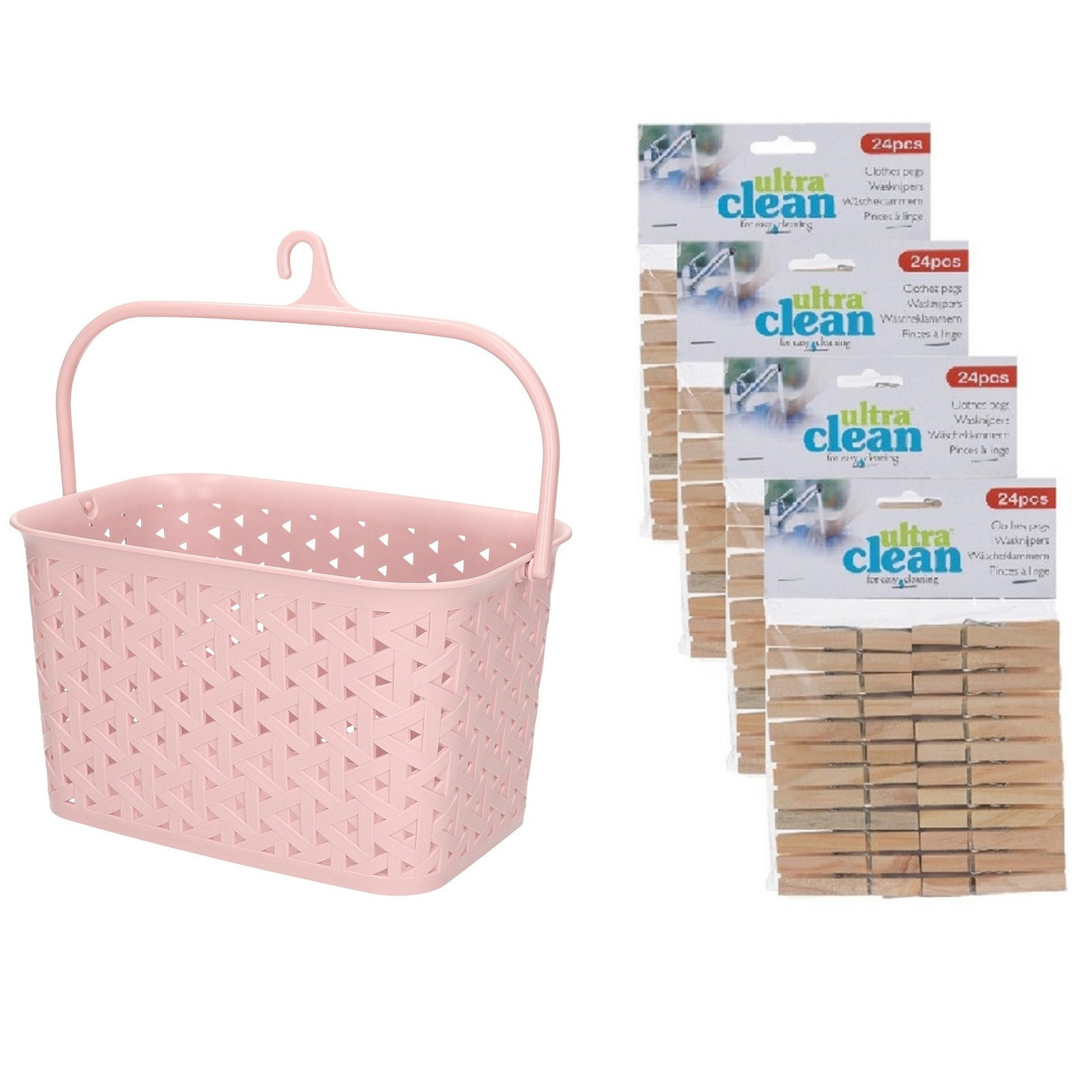 Wasknijpers ophangmandje met haak - roze - en 96x houten wasknijpers van 7 cm -