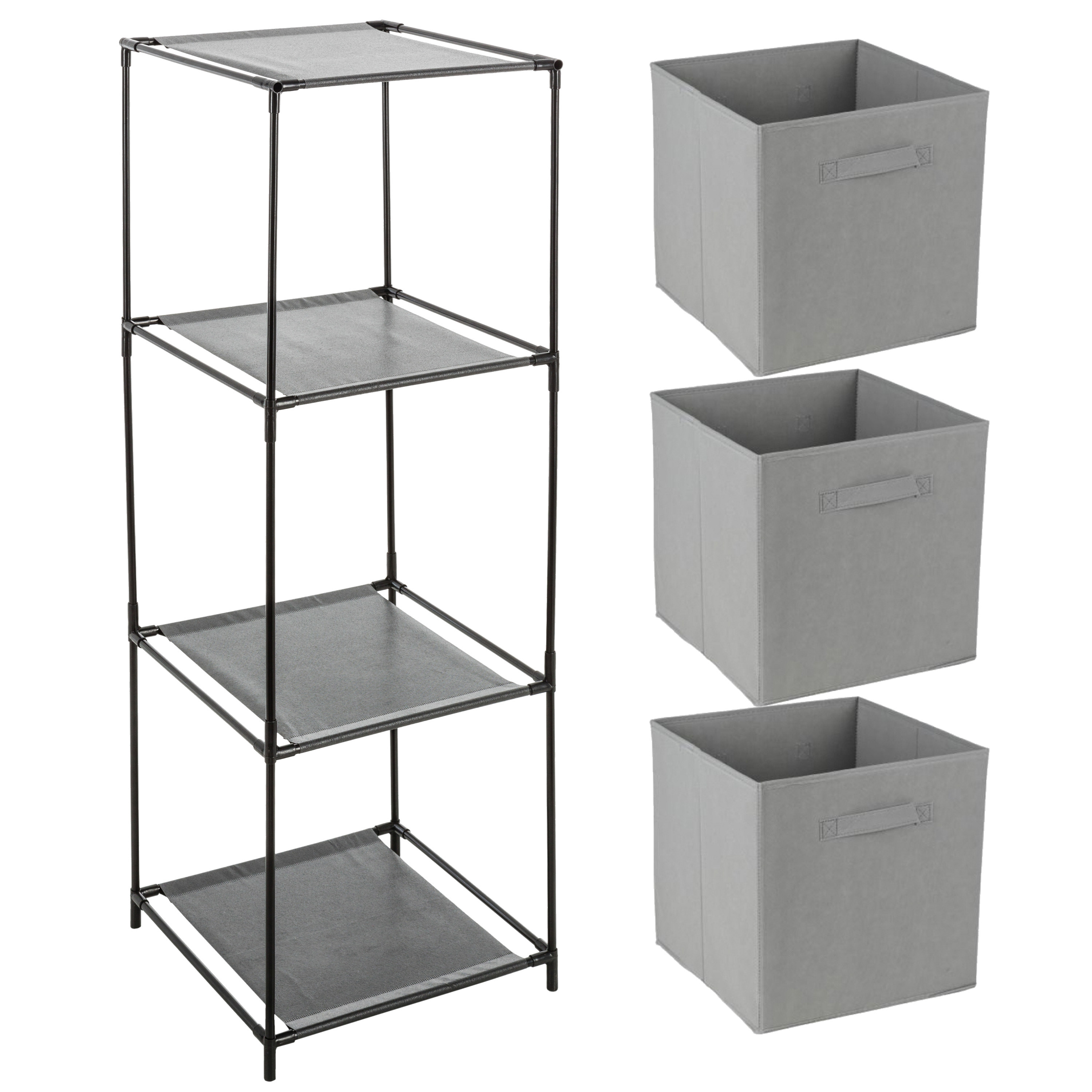 Opbergrek 3-laags - metaal - kunststof - zwart - 34 x 98 cm - incl. 3 opbergmanden grijs -