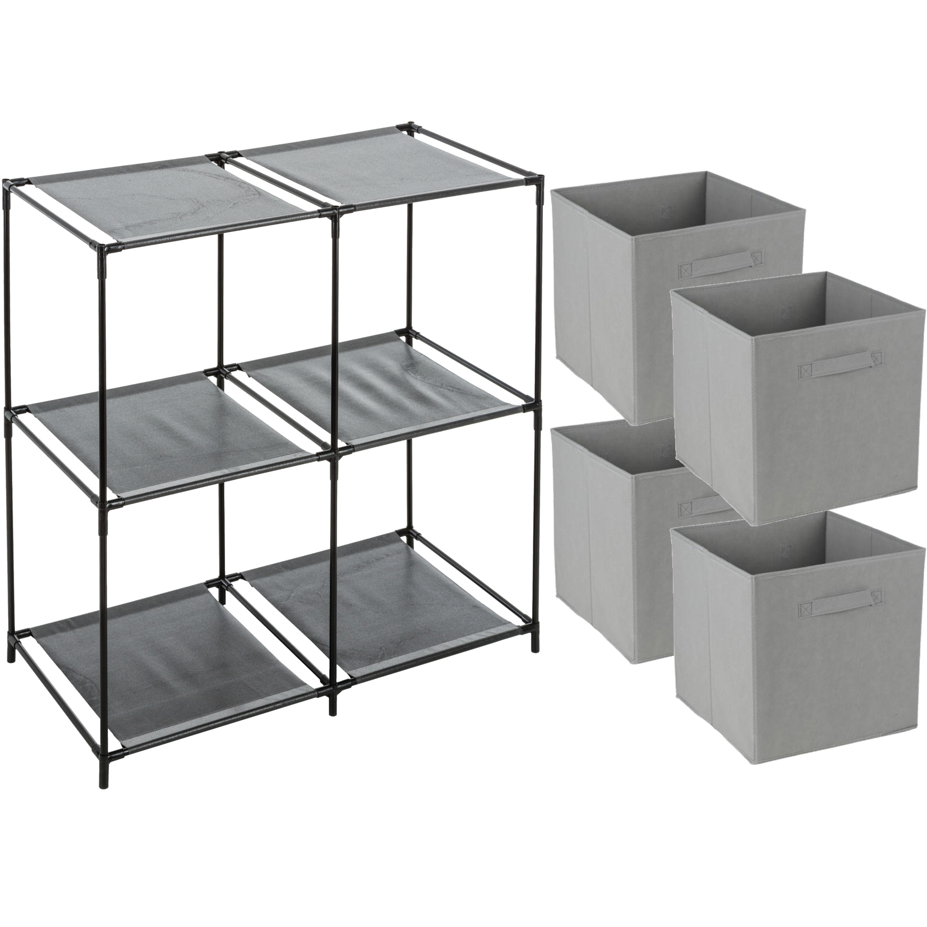 Opbergrek 2-laags - metaal - kunststof - zwart - 67 x 68 cm - incl. 4 opbergmanden grijs -